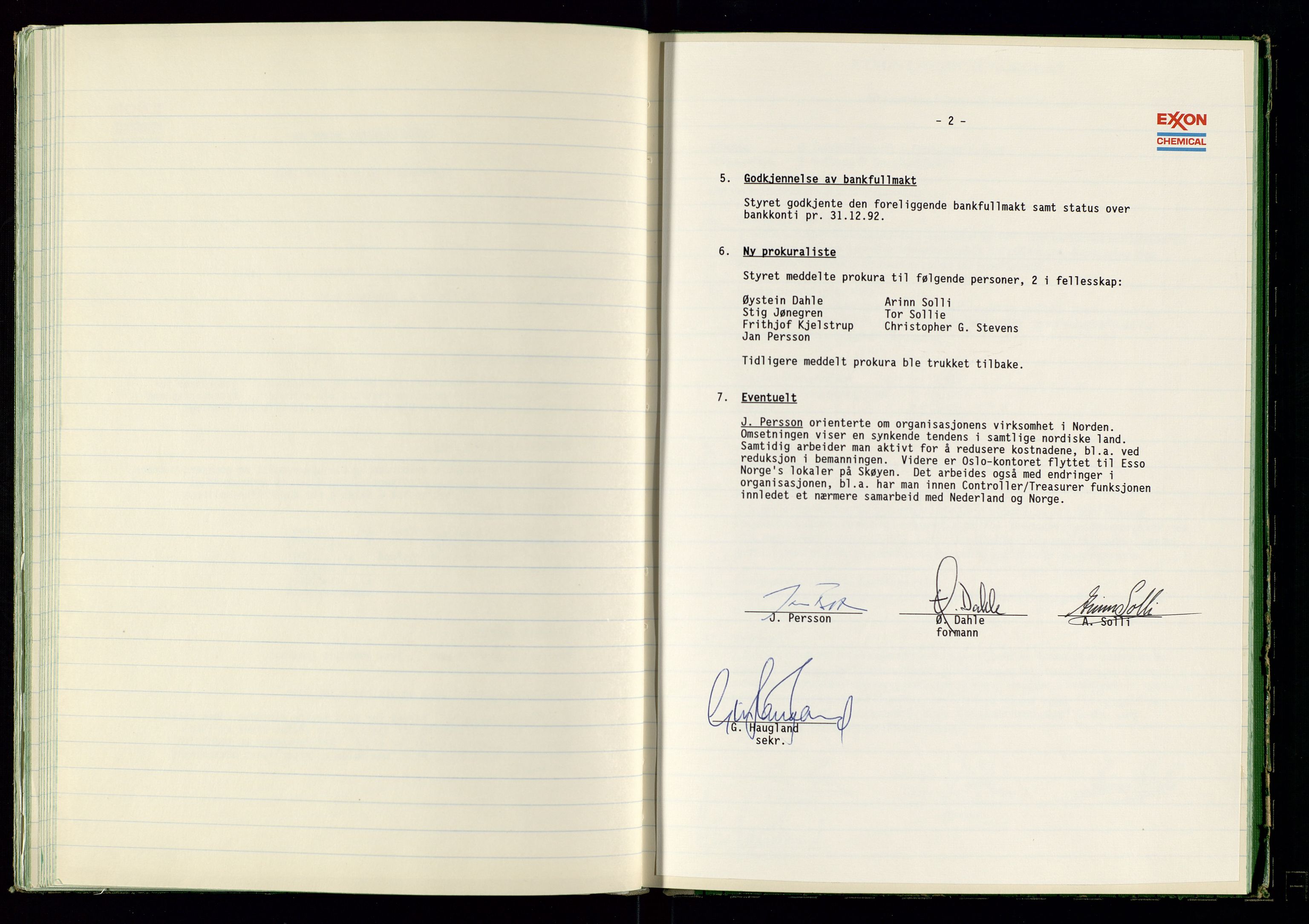 PA 1538 - Exxon Chemical Norge A/S, SAST/A-101958/A/Aa/L0001/0001: Generalforsamlinger og styreprotokoller / Styreprotokoll, 1966-1996