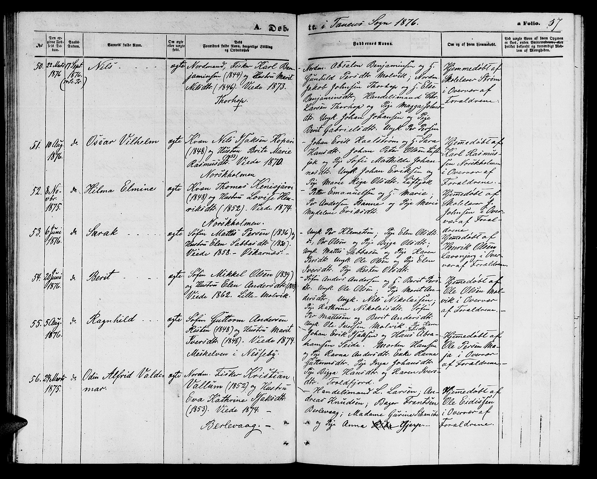 Tana sokneprestkontor, AV/SATØ-S-1334/H/Hb/L0002klokker: Klokkerbok nr. 2 /1, 1866-1877, s. 57