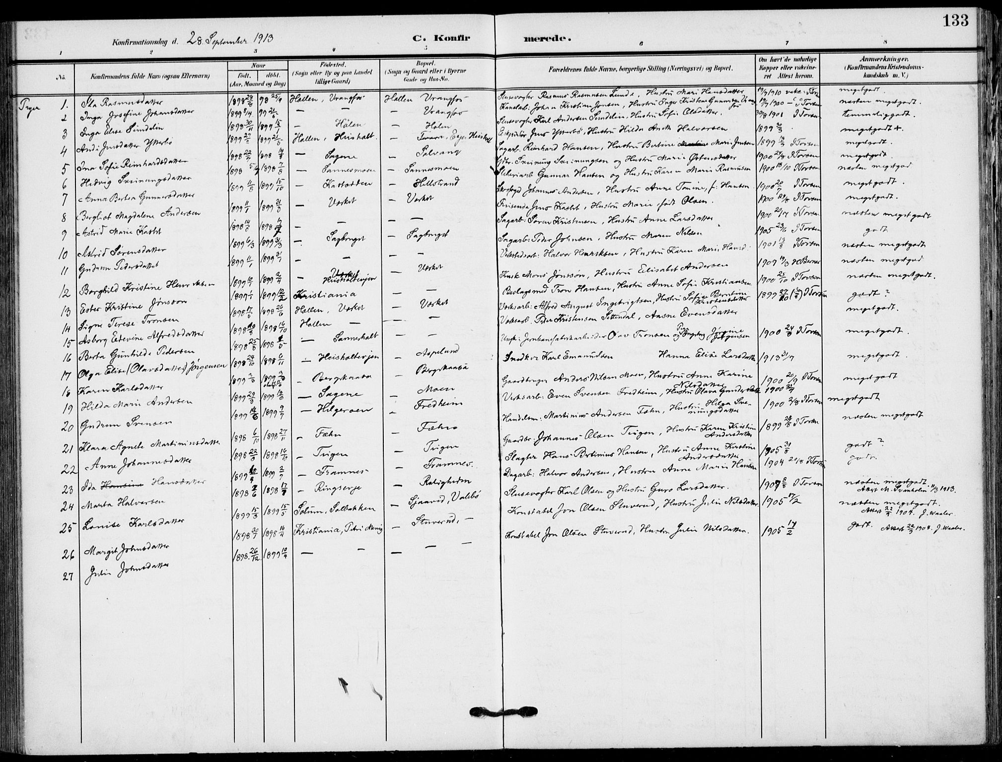 Holla kirkebøker, AV/SAKO-A-272/F/Fa/L0012: Ministerialbok nr. 12, 1907-1923, s. 133