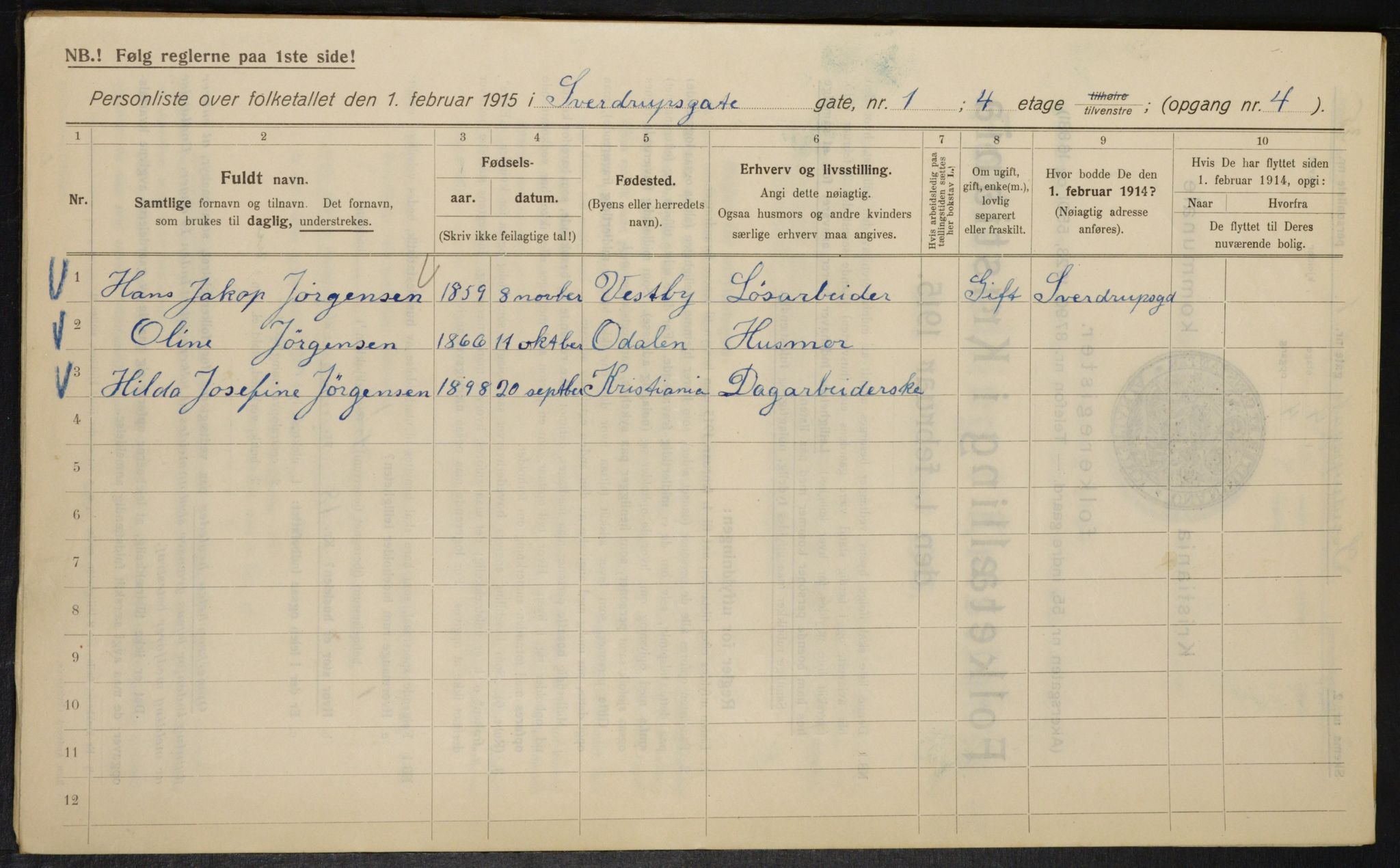 OBA, Kommunal folketelling 1.2.1915 for Kristiania, 1915, s. 105121