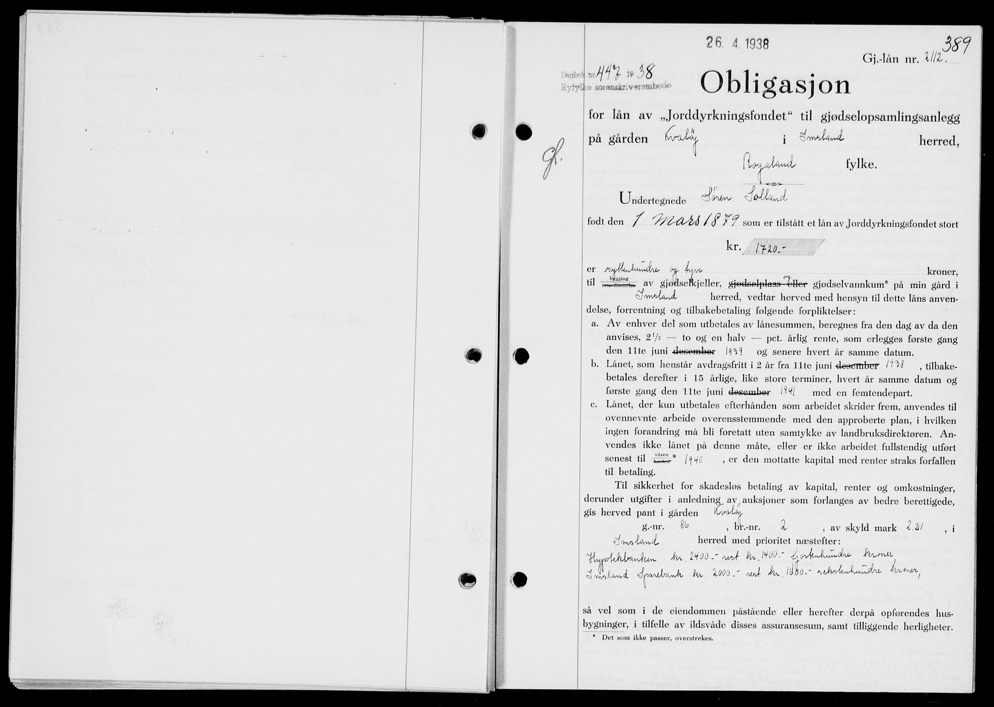 Ryfylke tingrett, SAST/A-100055/001/II/IIB/L0077: Pantebok nr. 56, 1938-1938, Dagboknr: 447/1938