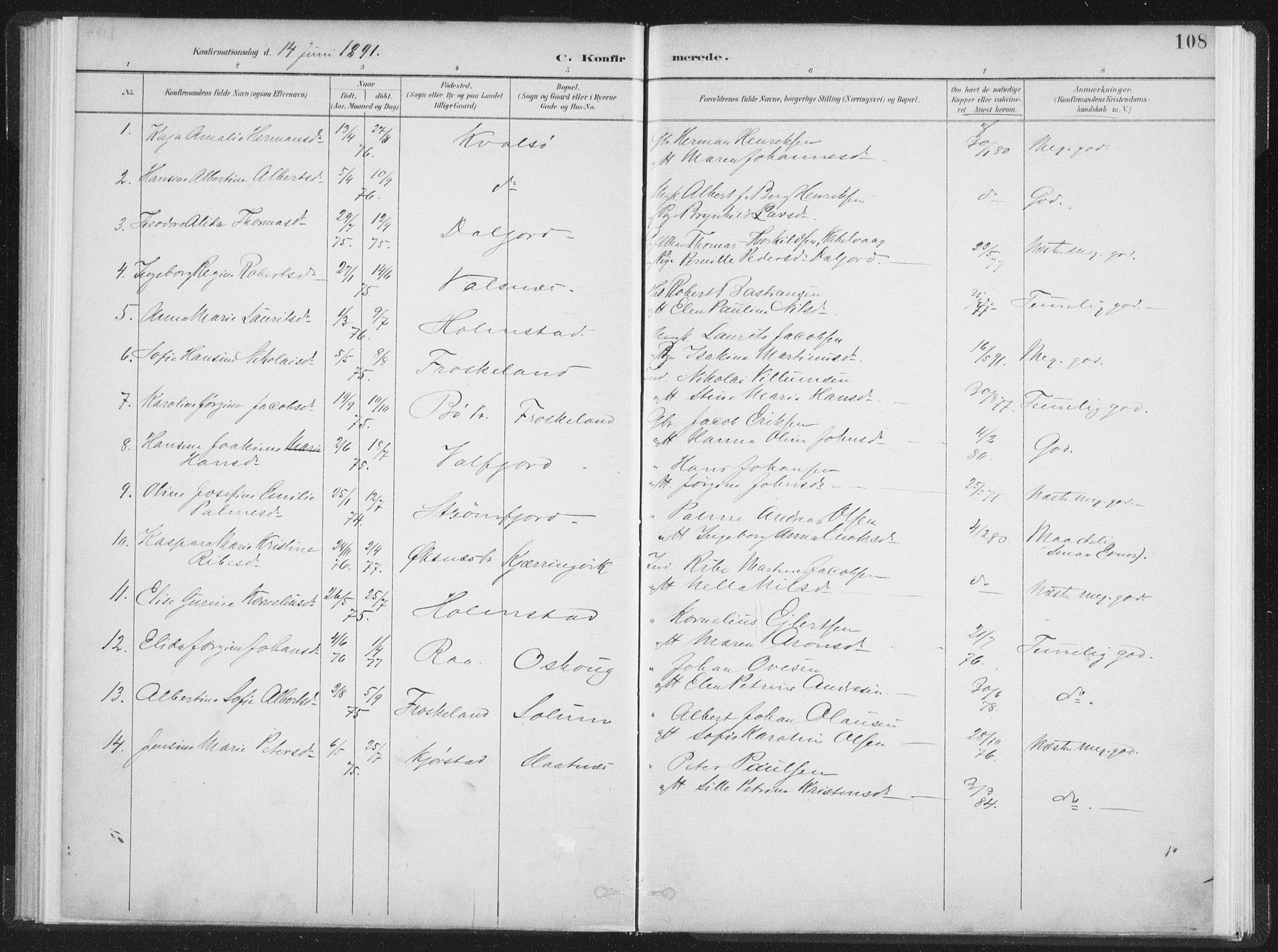 Ministerialprotokoller, klokkerbøker og fødselsregistre - Nordland, AV/SAT-A-1459/890/L1286: Ministerialbok nr. 890A01, 1882-1902, s. 108