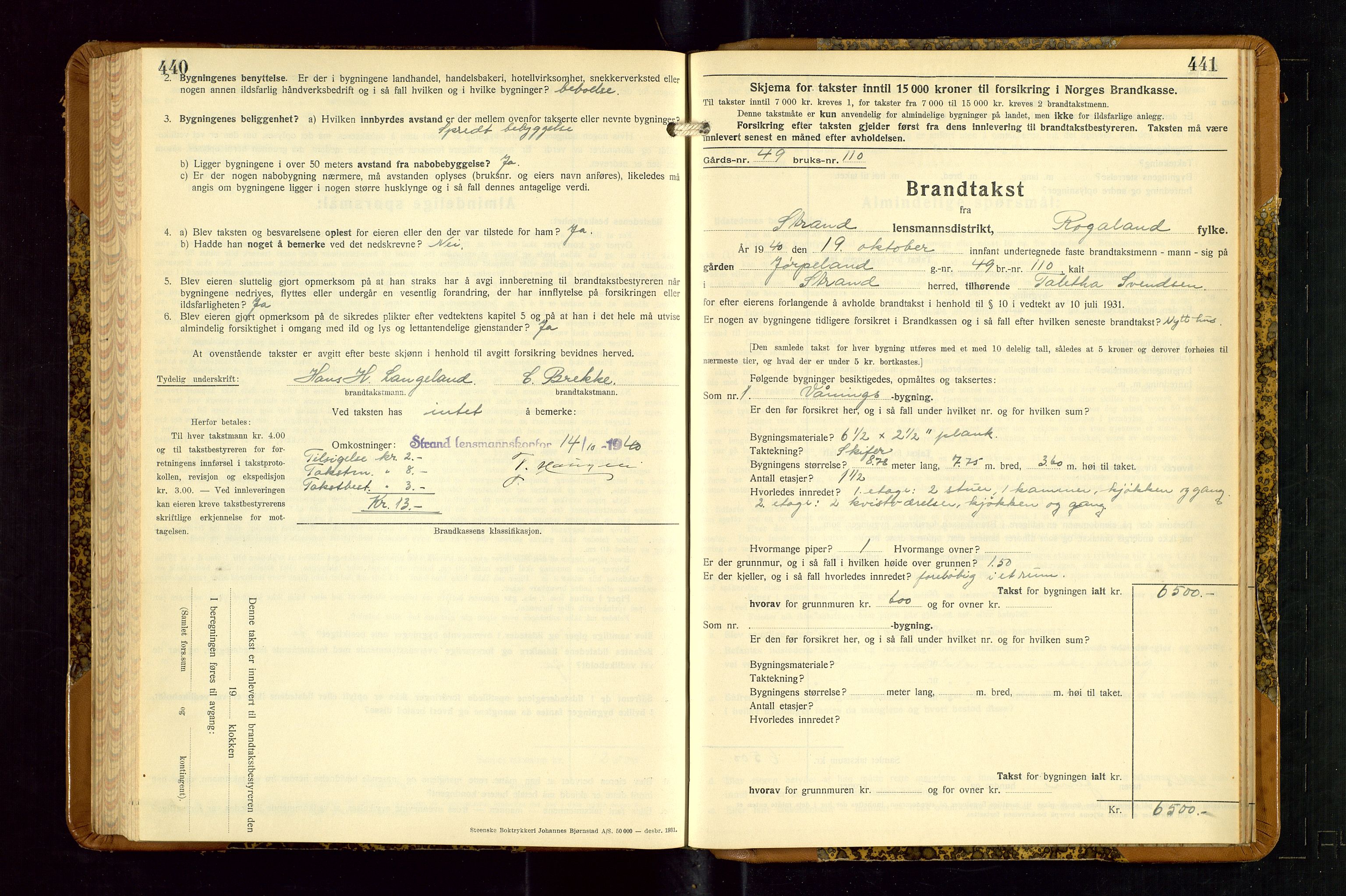 Strand og Forsand lensmannskontor, AV/SAST-A-100451/Gob/L0001: Branntakstprotokoll, 1935-1942, s. 440-441