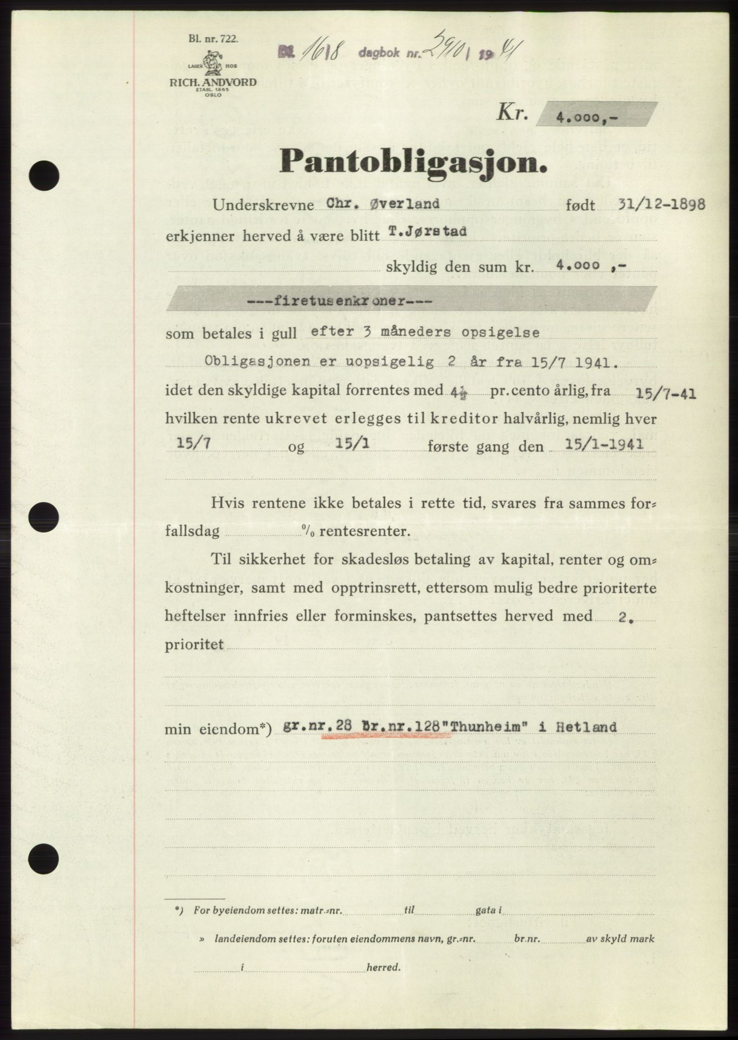 Jæren sorenskriveri, SAST/A-100310/03/G/Gba/L0080: Pantebok, 1941-1941, Dagboknr: 2910/1941