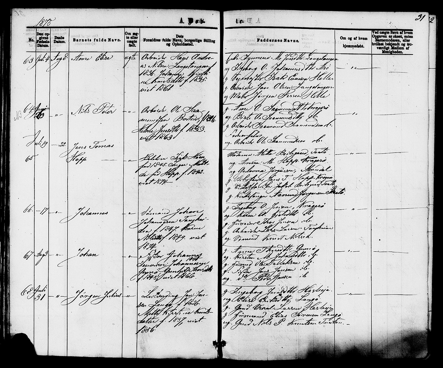Skåtøy kirkebøker, AV/SAKO-A-304/F/Fa/L0001: Ministerialbok nr. I 1, 1874-1883, s. 31