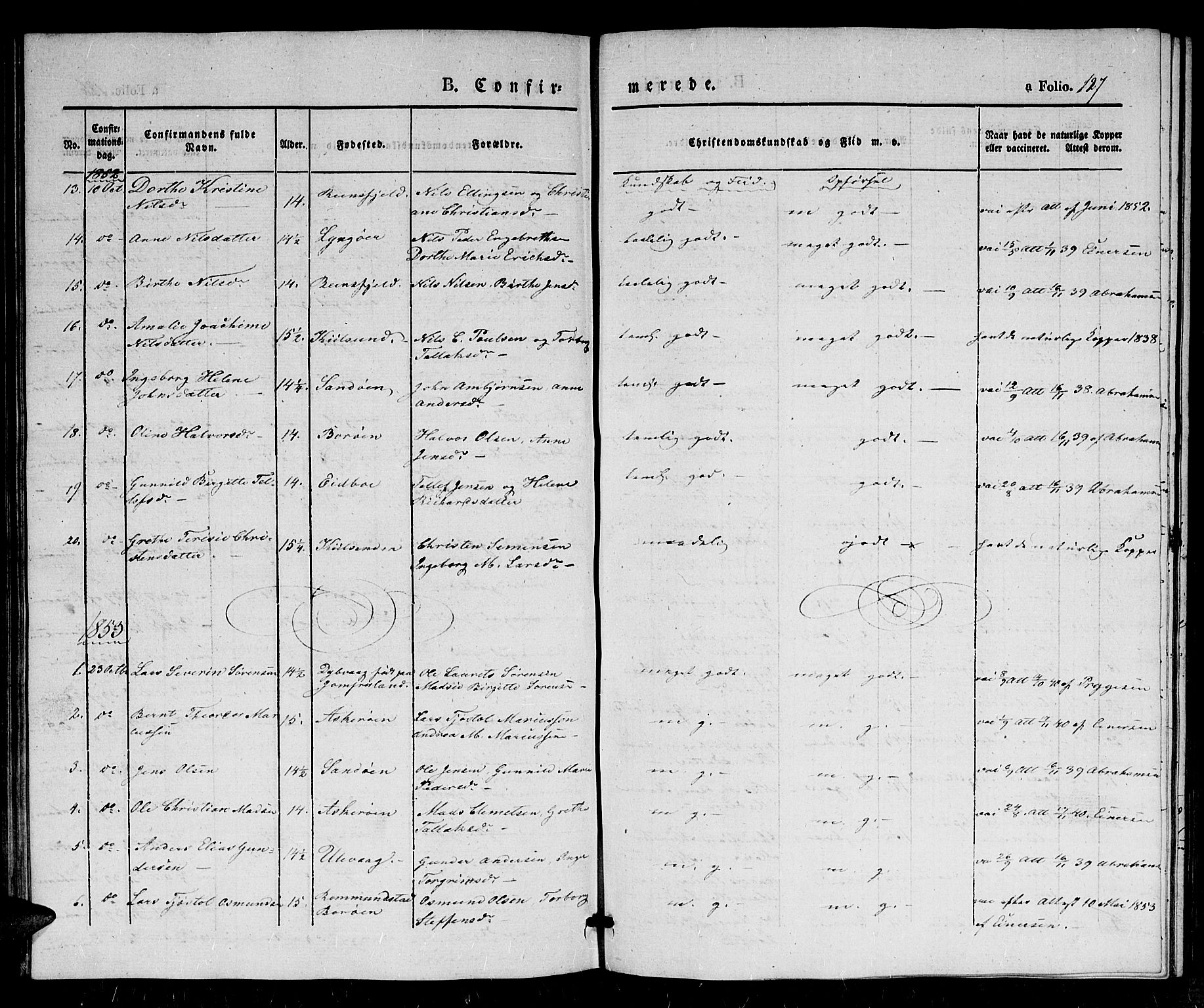 Dypvåg sokneprestkontor, SAK/1111-0007/F/Fb/Fba/L0010: Klokkerbok nr. B 10, 1842-1857, s. 127