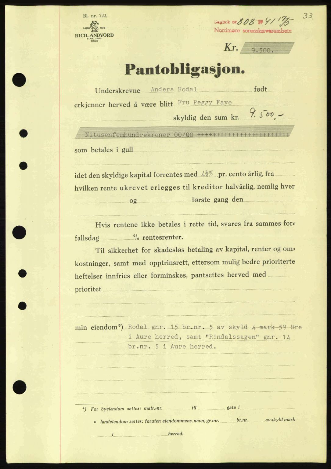 Nordmøre sorenskriveri, SAT/A-4132/1/2/2Ca: Pantebok nr. B88, 1941-1942, Dagboknr: 808/1941
