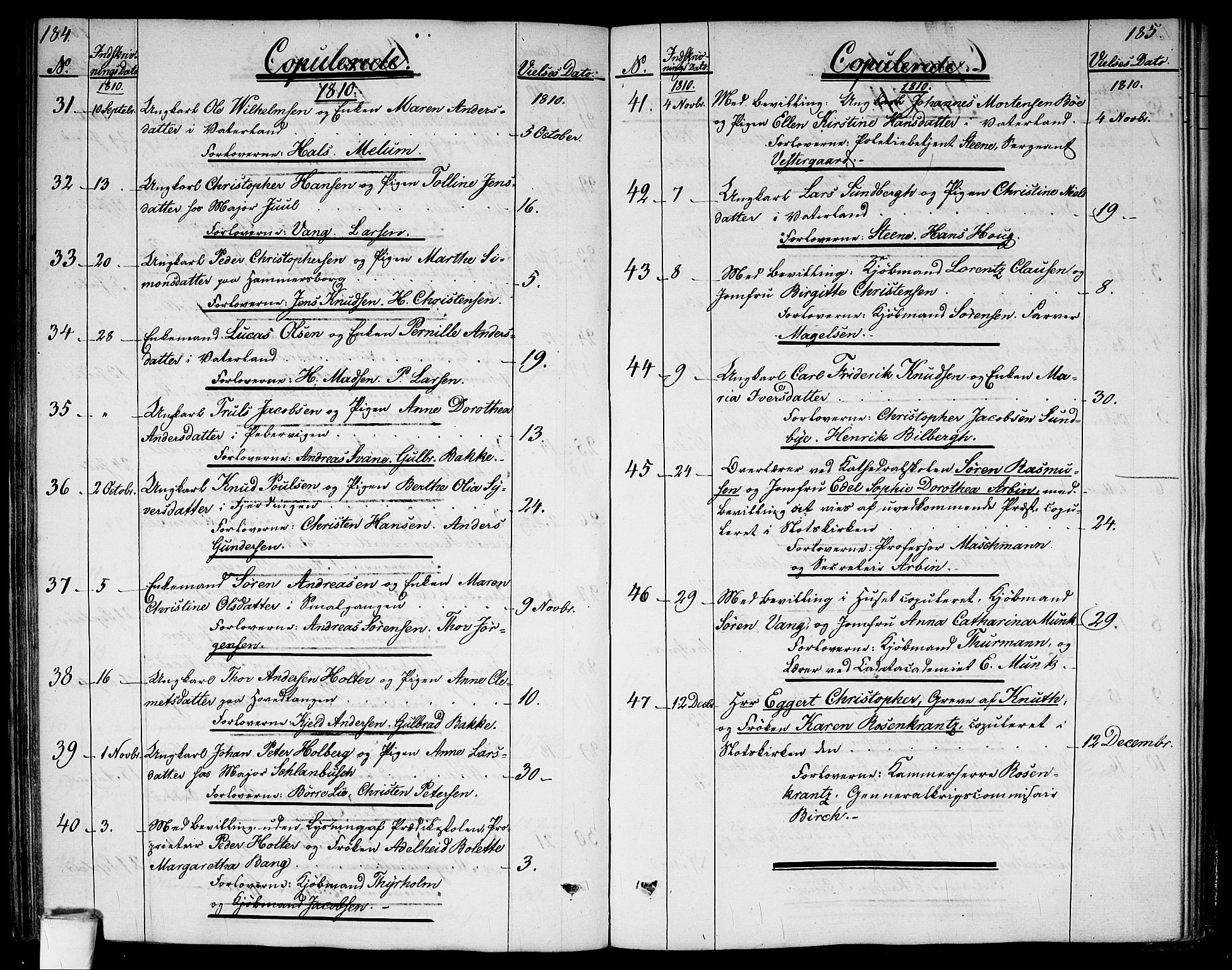 Garnisonsmenigheten Kirkebøker, SAO/A-10846/G/Ga/L0002: Klokkerbok nr. 2, 1810-1814, s. 184-185