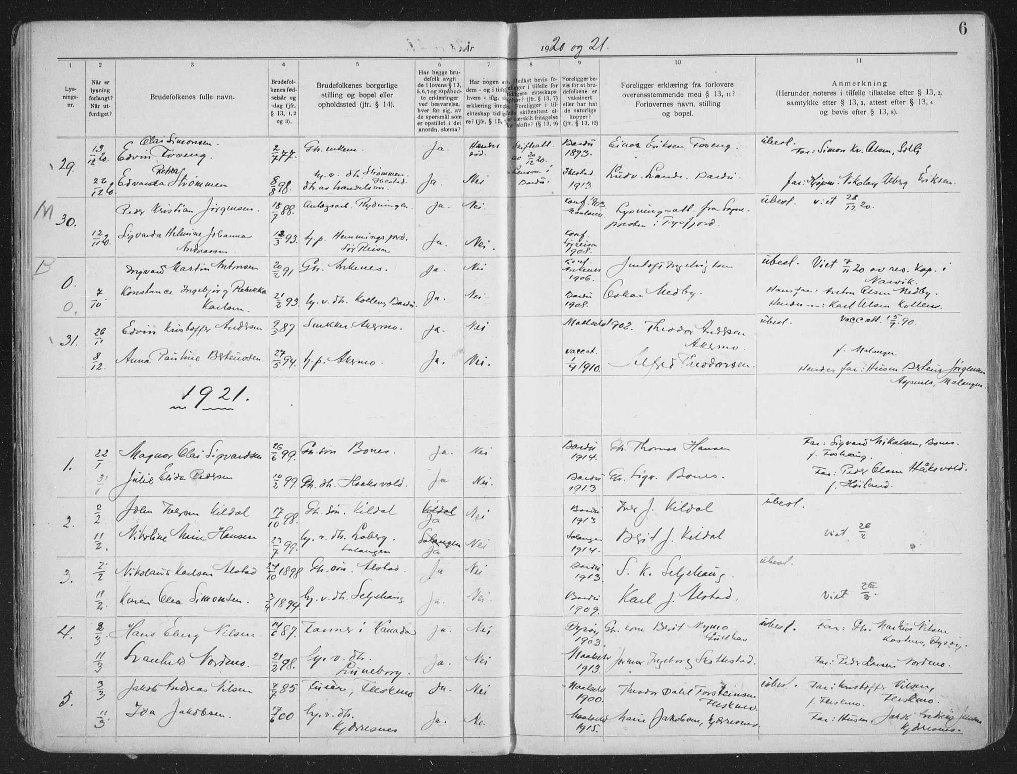 Målselv sokneprestembete, AV/SATØ-S-1311/I/Id/L0041: Lysningsprotokoll nr. 41, 1919-1942, s. 6