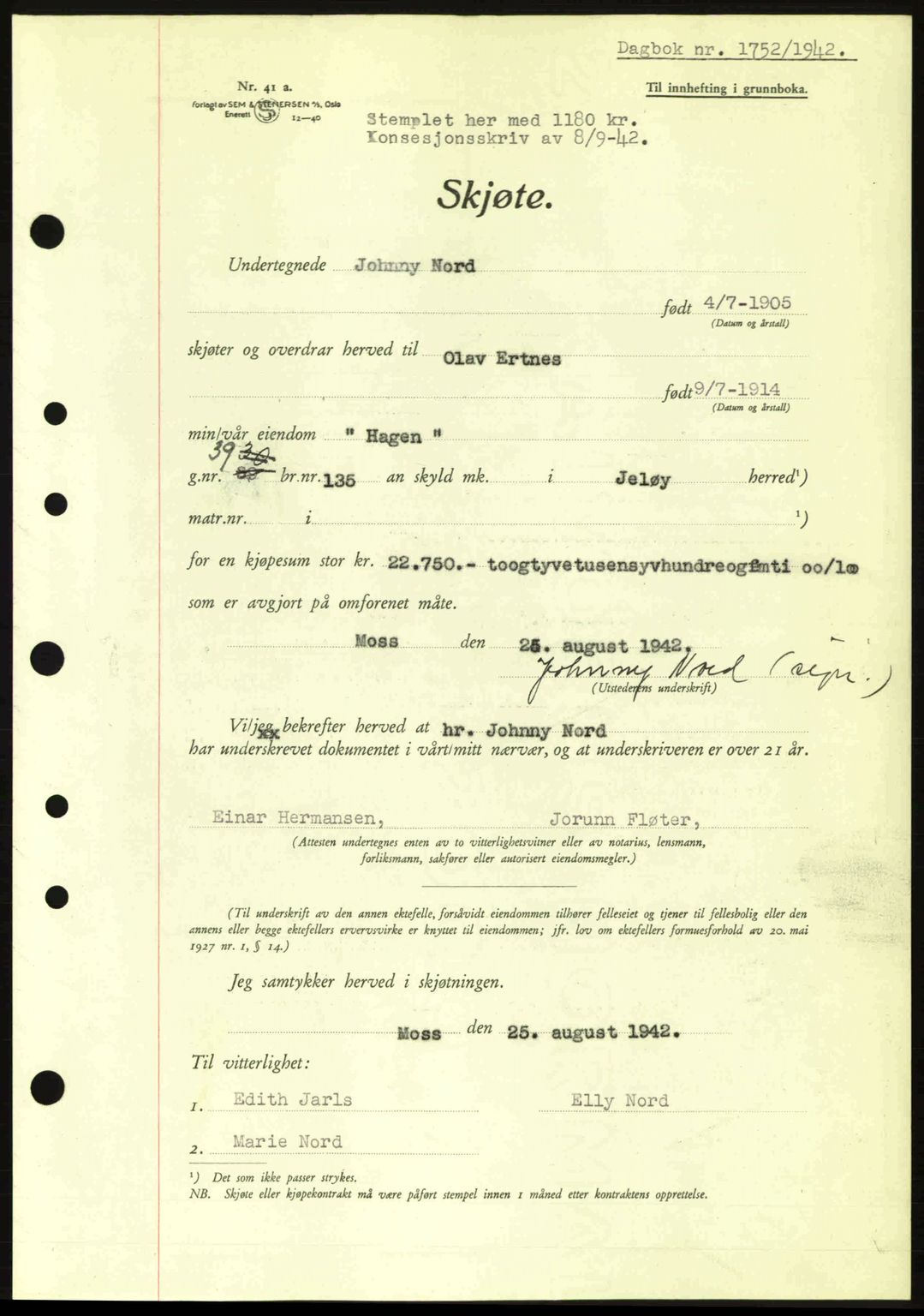Moss sorenskriveri, SAO/A-10168: Pantebok nr. A10, 1942-1943, Dagboknr: 1752/1942