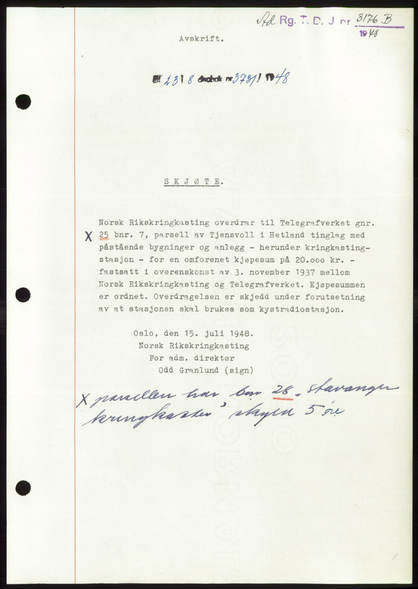 Jæren sorenskriveri, SAST/A-100310/03/G/Gba/L0099: Pantebok, 1948-1948, Dagboknr: 3731/1948