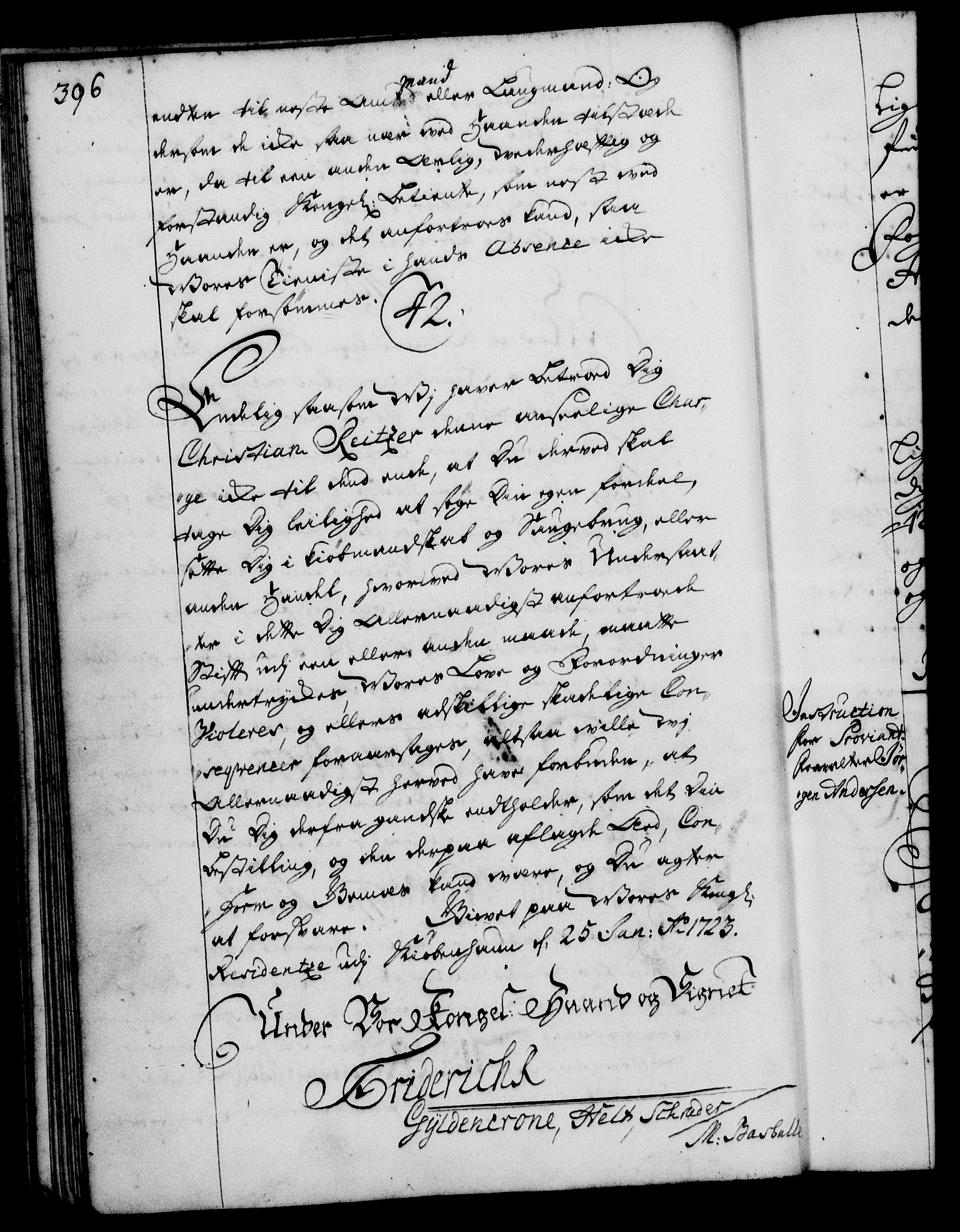 Rentekammeret, Kammerkanselliet, RA/EA-3111/G/Gg/Ggi/L0001: Norsk instruksjonsprotokoll med register (merket RK 53.34), 1720-1729, s. 396