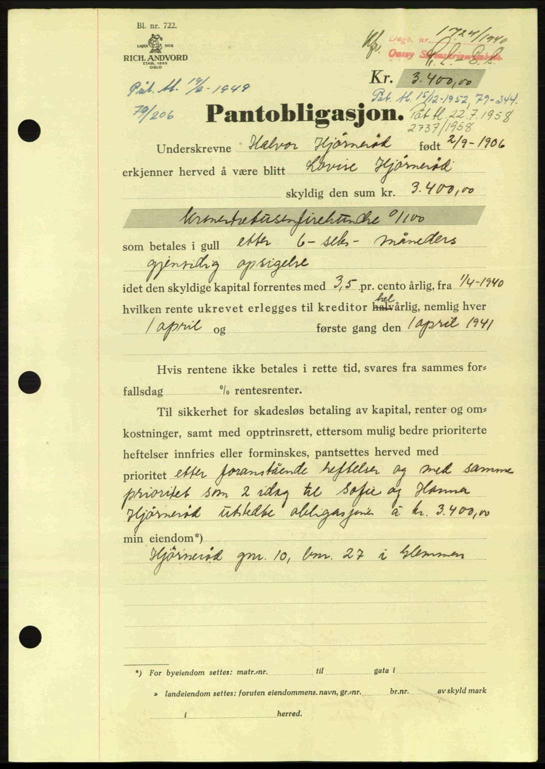 Onsøy sorenskriveri, SAO/A-10474/G/Ga/Gac/L0003: Pantebok nr. B3, 1940-1944, Dagboknr: 1724/1940