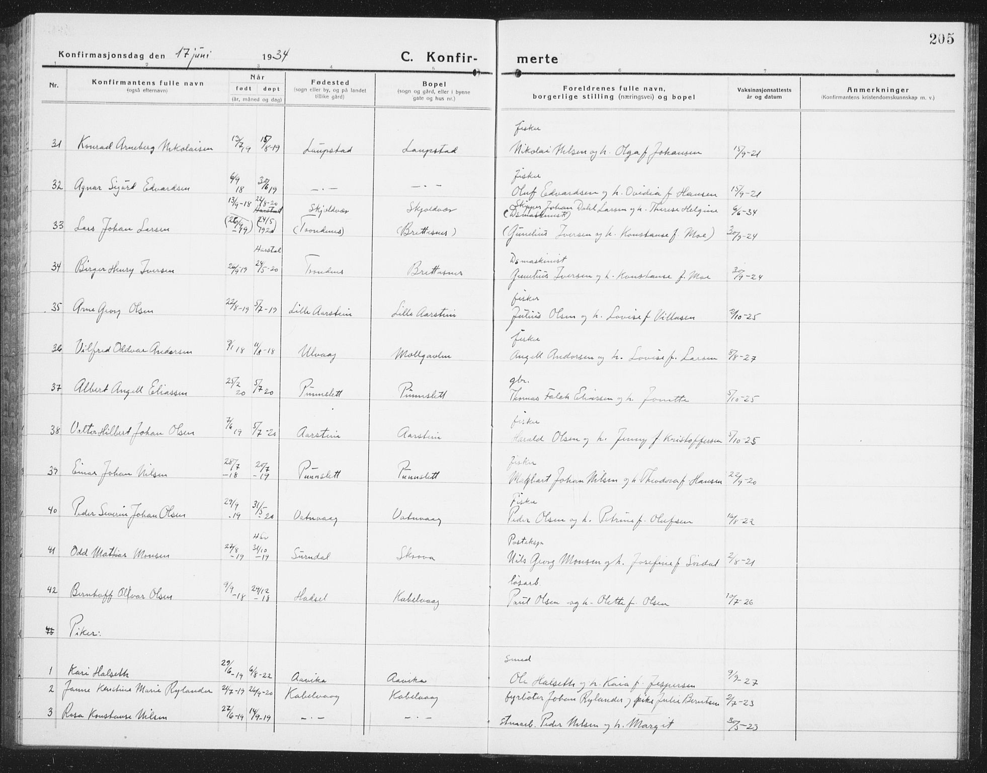 Ministerialprotokoller, klokkerbøker og fødselsregistre - Nordland, AV/SAT-A-1459/874/L1081: Klokkerbok nr. 874C10, 1925-1941, s. 205