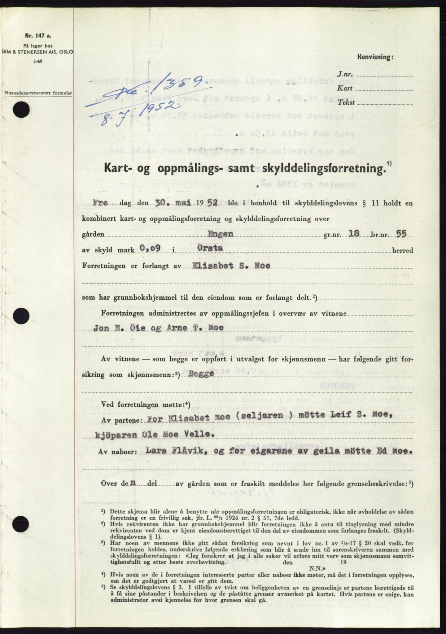 Søre Sunnmøre sorenskriveri, AV/SAT-A-4122/1/2/2C/L0092: Pantebok nr. 18A, 1952-1952, Dagboknr: 1359/1952