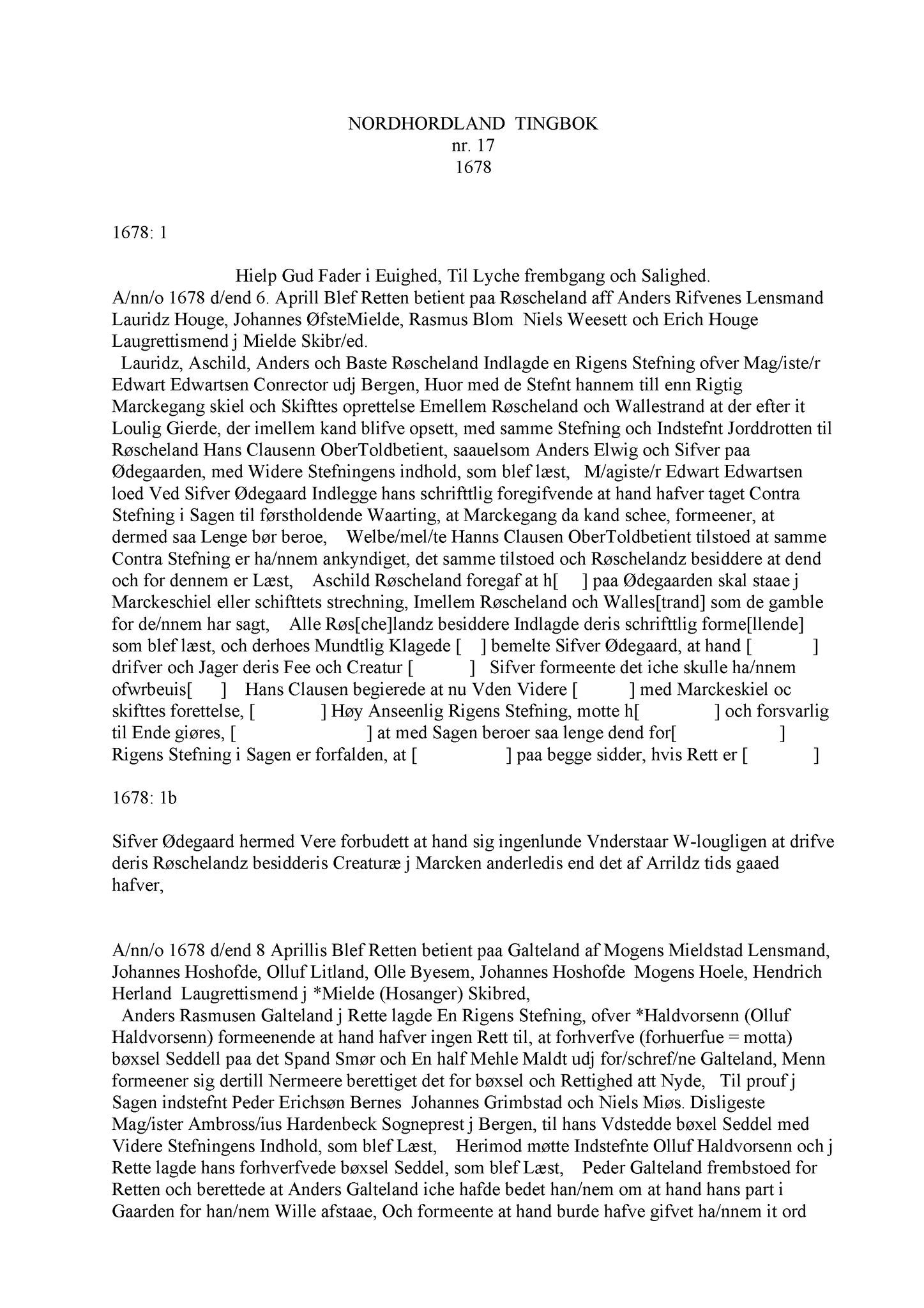Samling av fulltekstavskrifter, SAB/FULLTEKST/A/12/0119: Nordhordland sorenskriveri, tingbok nr. A 17, 1678