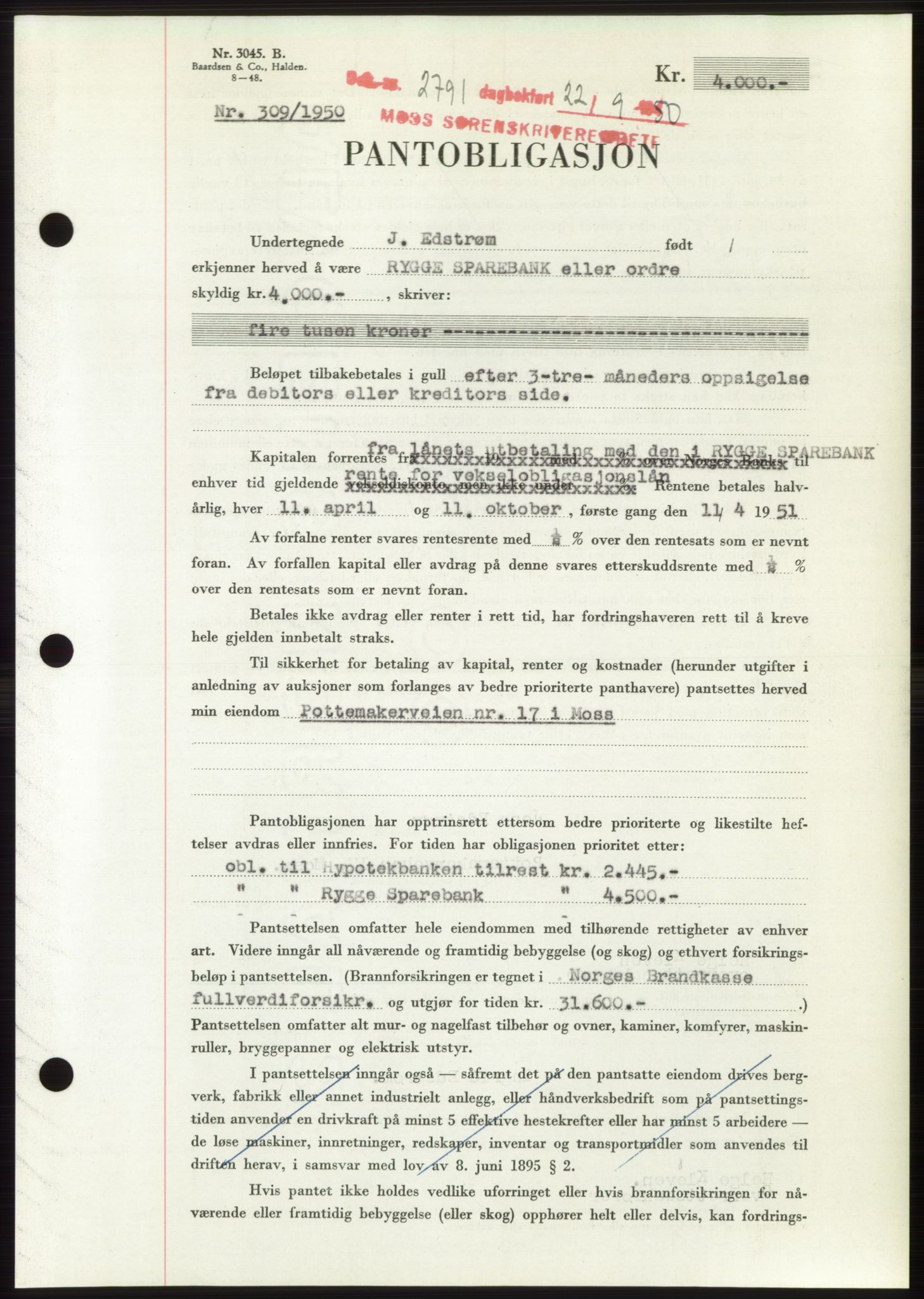 Moss sorenskriveri, SAO/A-10168: Pantebok nr. B25, 1950-1950, Dagboknr: 2791/1950