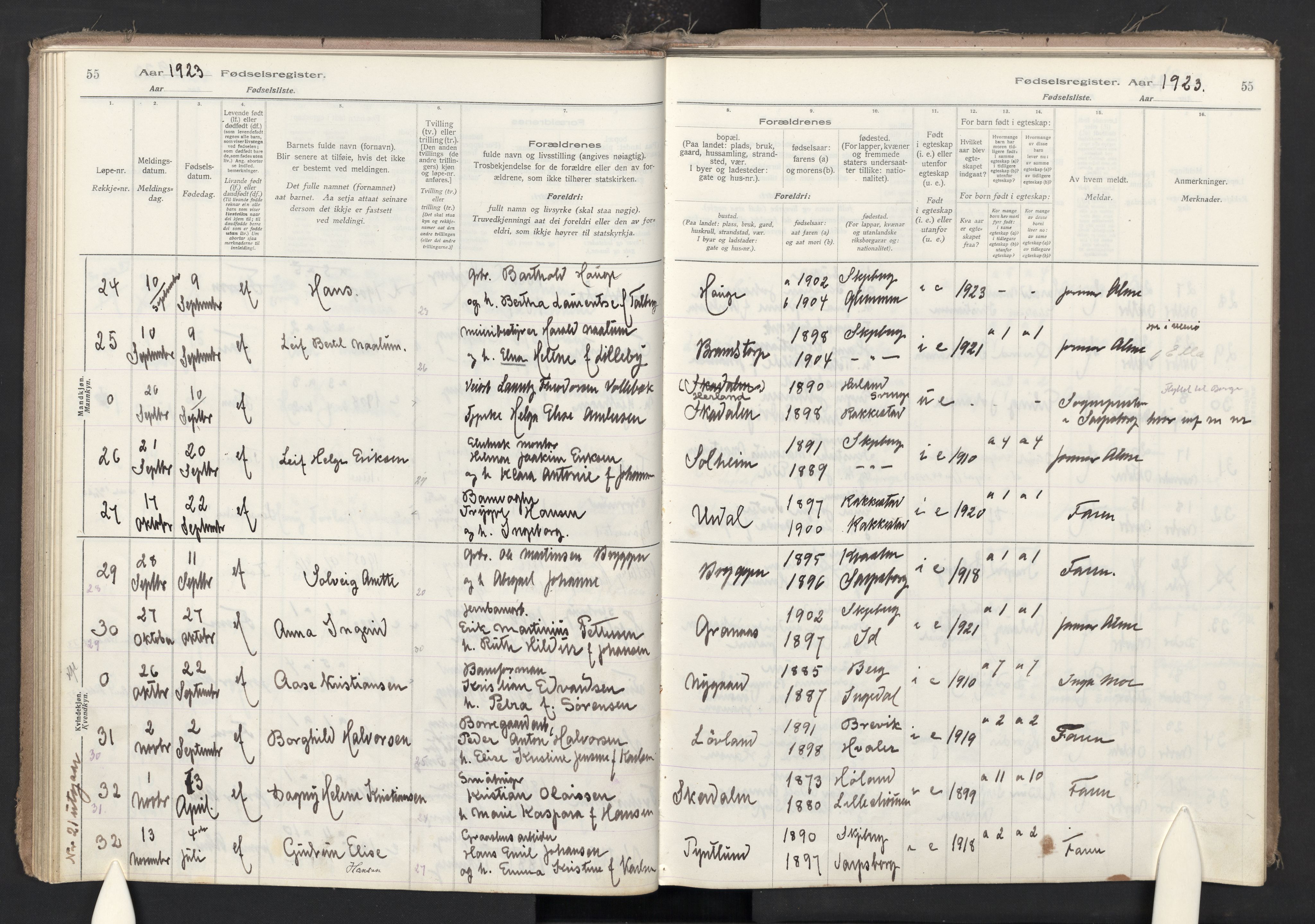 Skjeberg prestekontor Kirkebøker, AV/SAO-A-10923/J/Ja/L0001: Fødselsregister nr. I 1, 1916-1945, s. 55