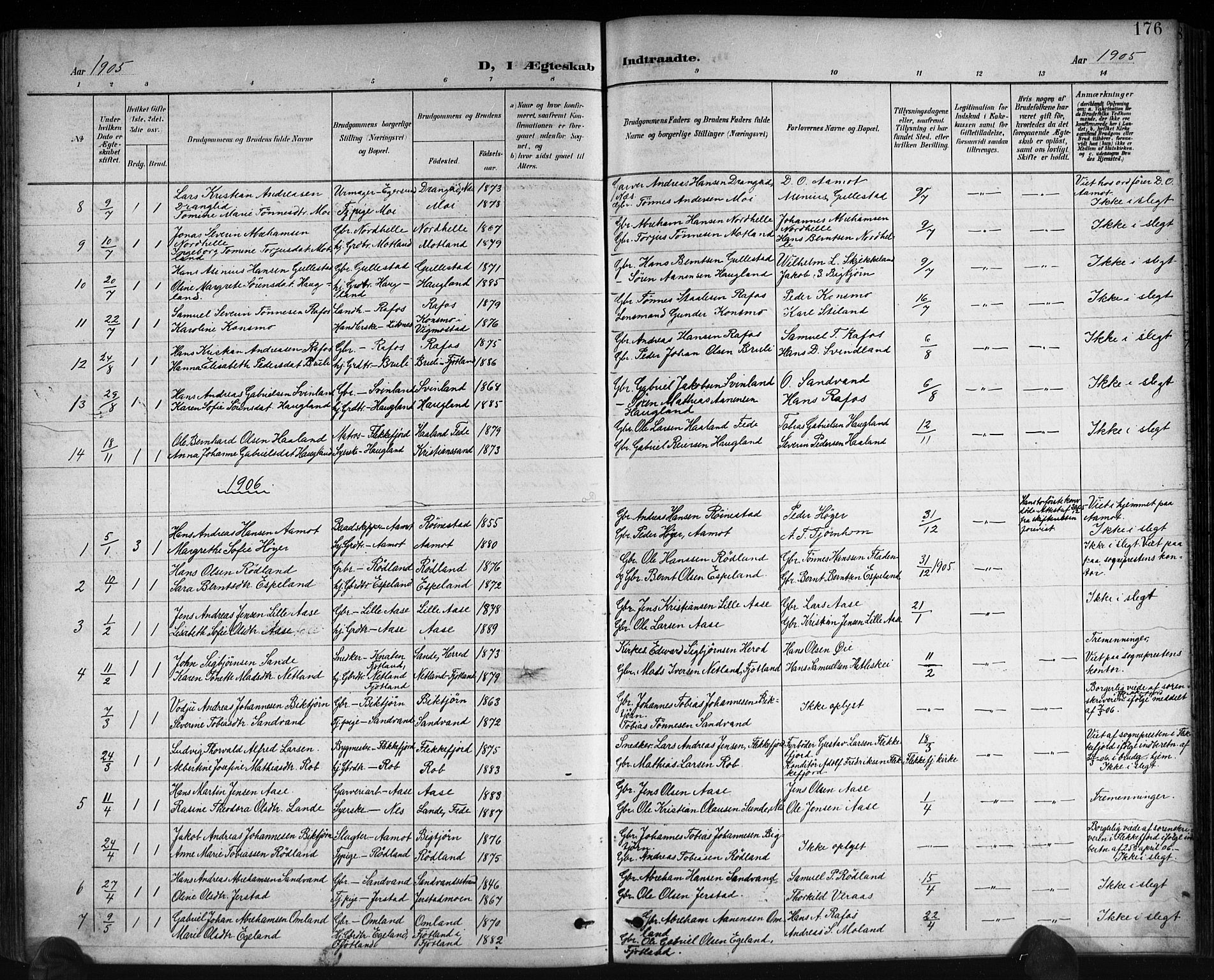 Kvinesdal sokneprestkontor, AV/SAK-1111-0026/F/Fb/Fbb/L0003: Klokkerbok nr. B 3, 1898-1916, s. 176