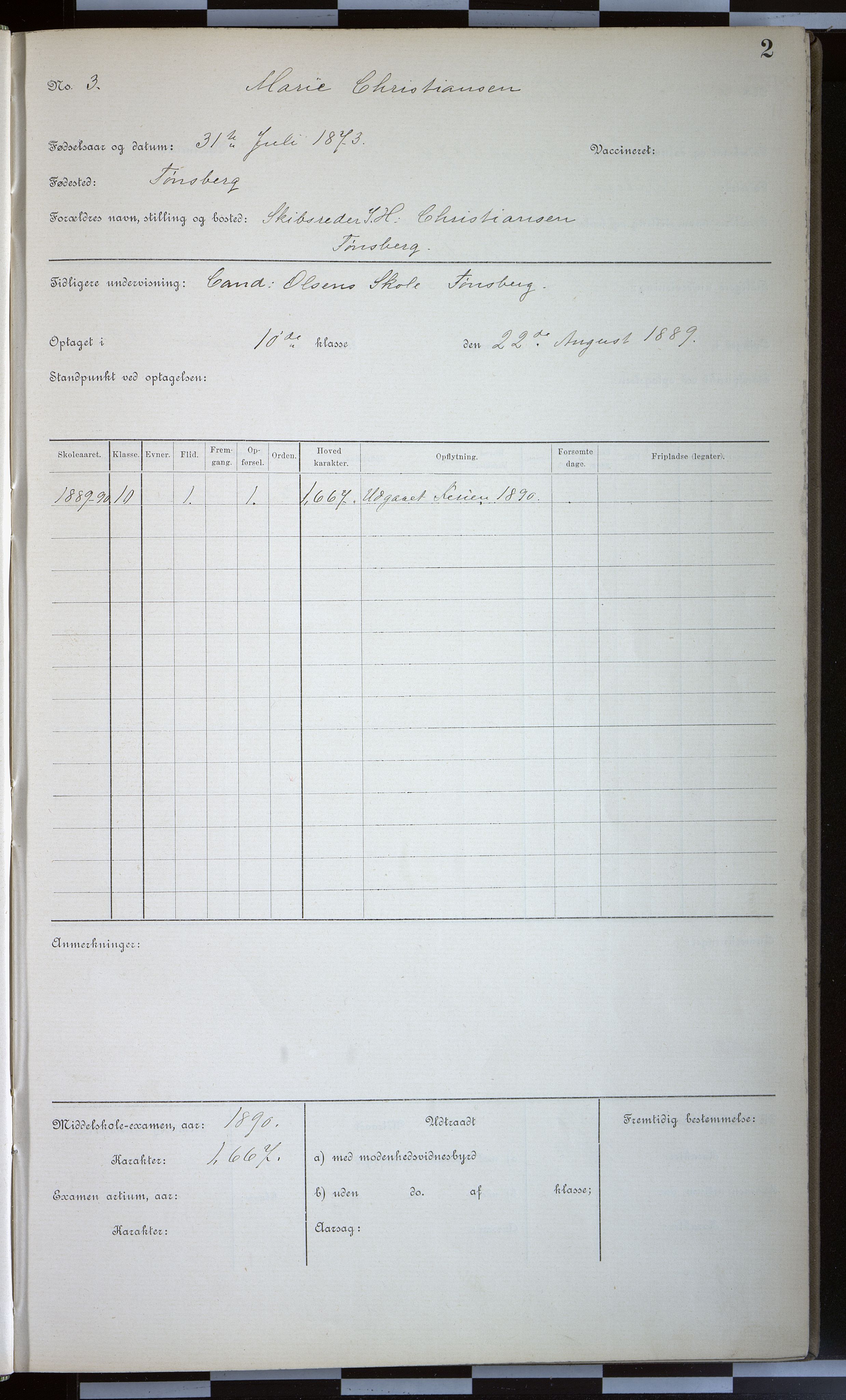 Vestfold fylkeskommune. Greveskogen videregående skole før 1998, VEMU/A-1162/G/Gb/L0001: Manntallsprotokoll Pikeskolen, 1889-1893