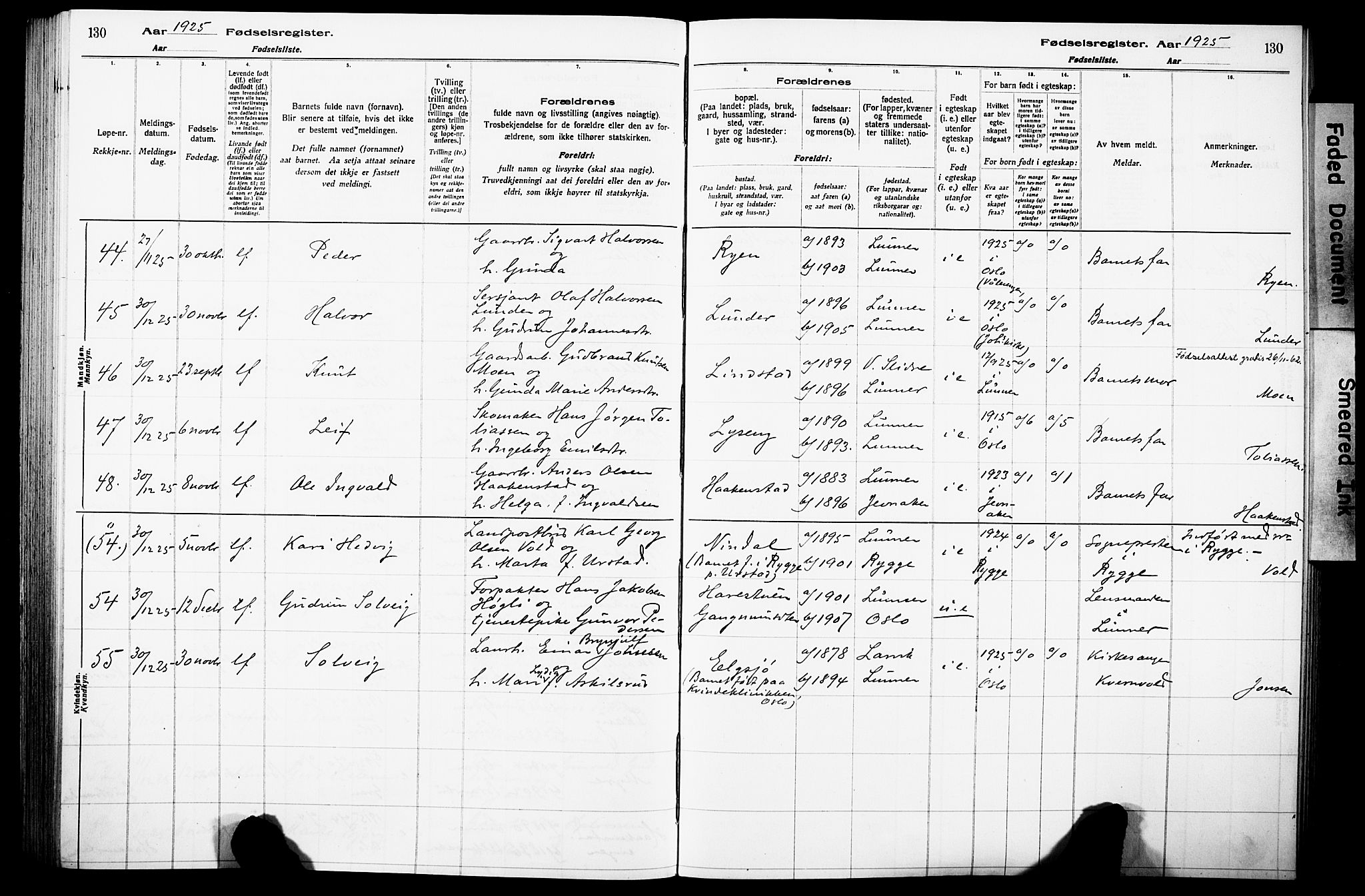 Lunner prestekontor, SAH/PREST-118/I/Id/L0001: Fødselsregister nr. 1, 1916-1932, s. 130
