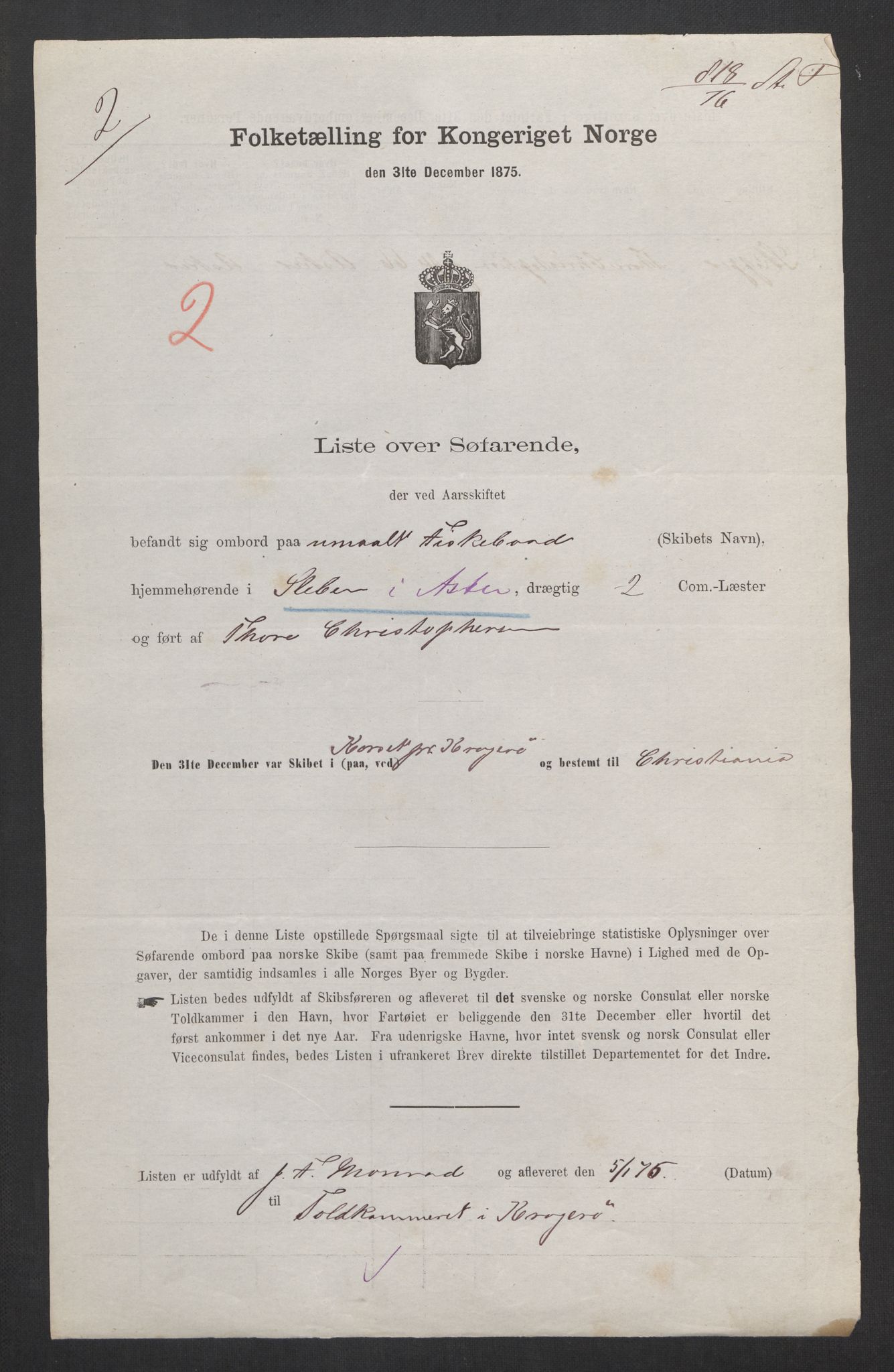RA, Folketelling 1875, skipslister: Skip i innenrikske havner, hjemmehørende i 1) landdistrikter, 2) forskjellige steder, 3) utlandet, 1875, s. 8