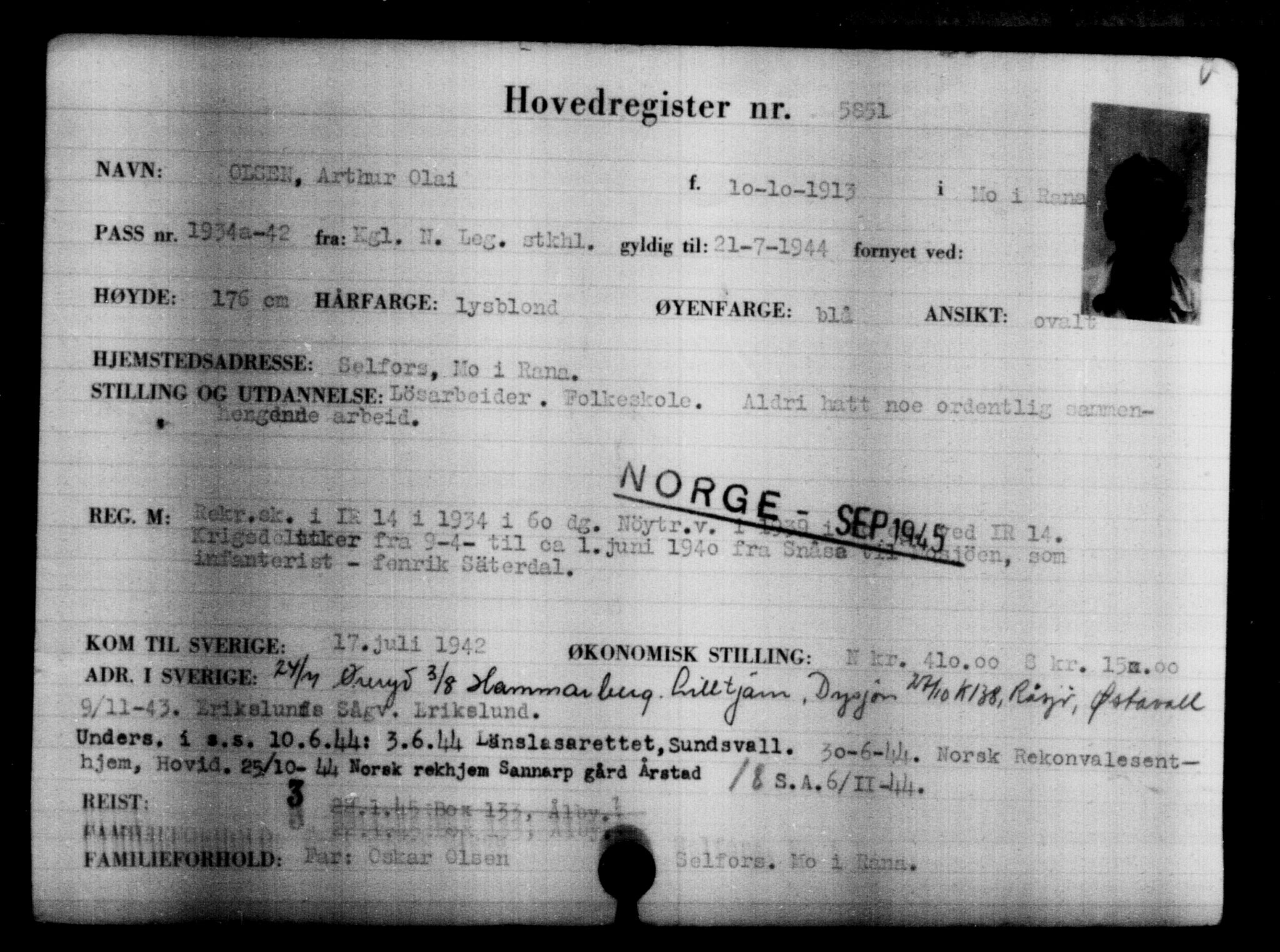 Utenriksstasjonene, Legasjonen i Stockholm, Flyktningkontoret, AV/RA-S-6753/V/Va/L0004: Kjesäterkartoteket, flyktninger med registreringsnr. 3496-6610, 1940-1945, s. 2737