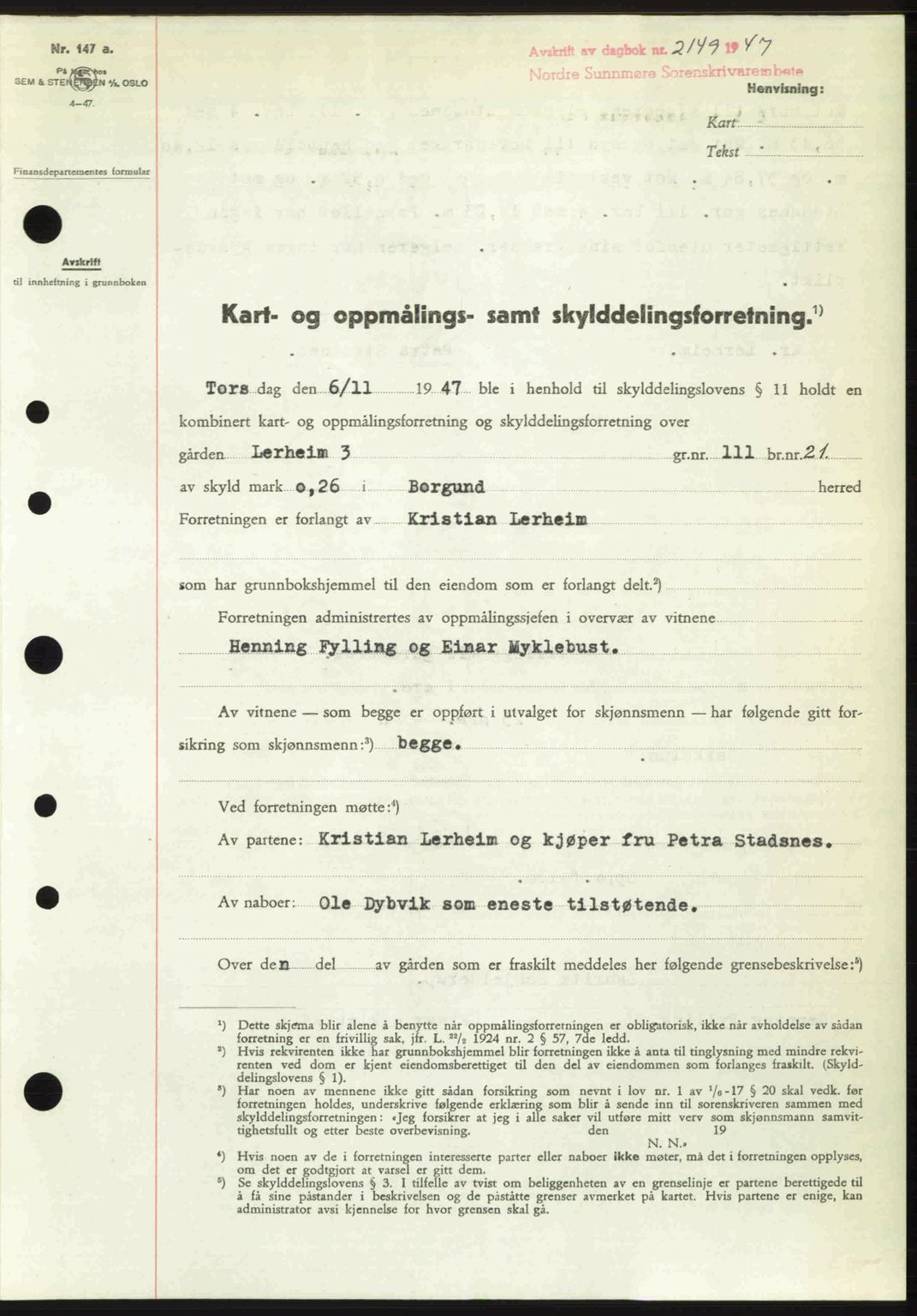 Nordre Sunnmøre sorenskriveri, AV/SAT-A-0006/1/2/2C/2Ca: Pantebok nr. A26, 1947-1948, Dagboknr: 2149/1947