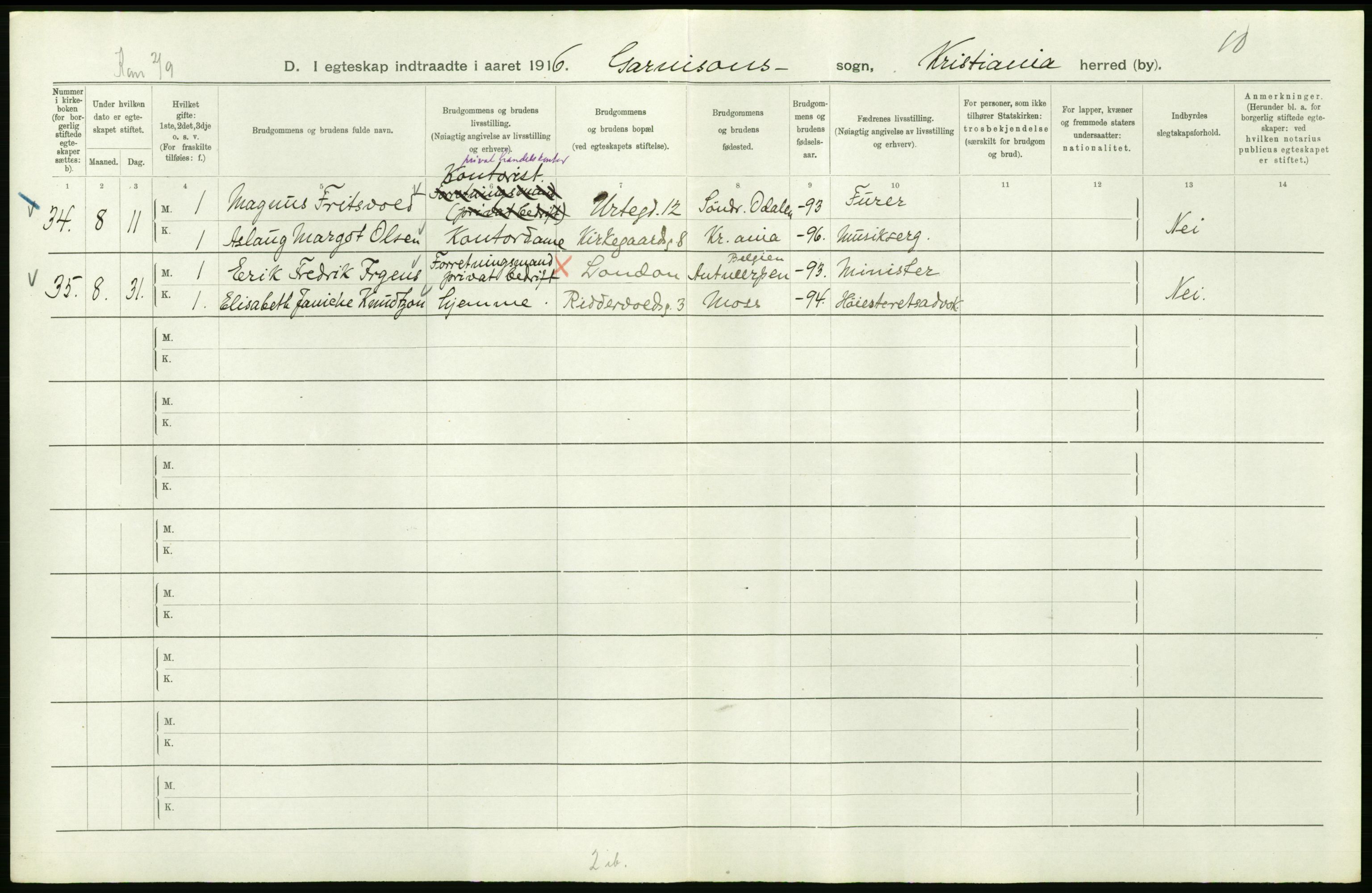 Statistisk sentralbyrå, Sosiodemografiske emner, Befolkning, AV/RA-S-2228/D/Df/Dfb/Dfbf/L0008: Kristiania: Gifte, 1916, s. 938