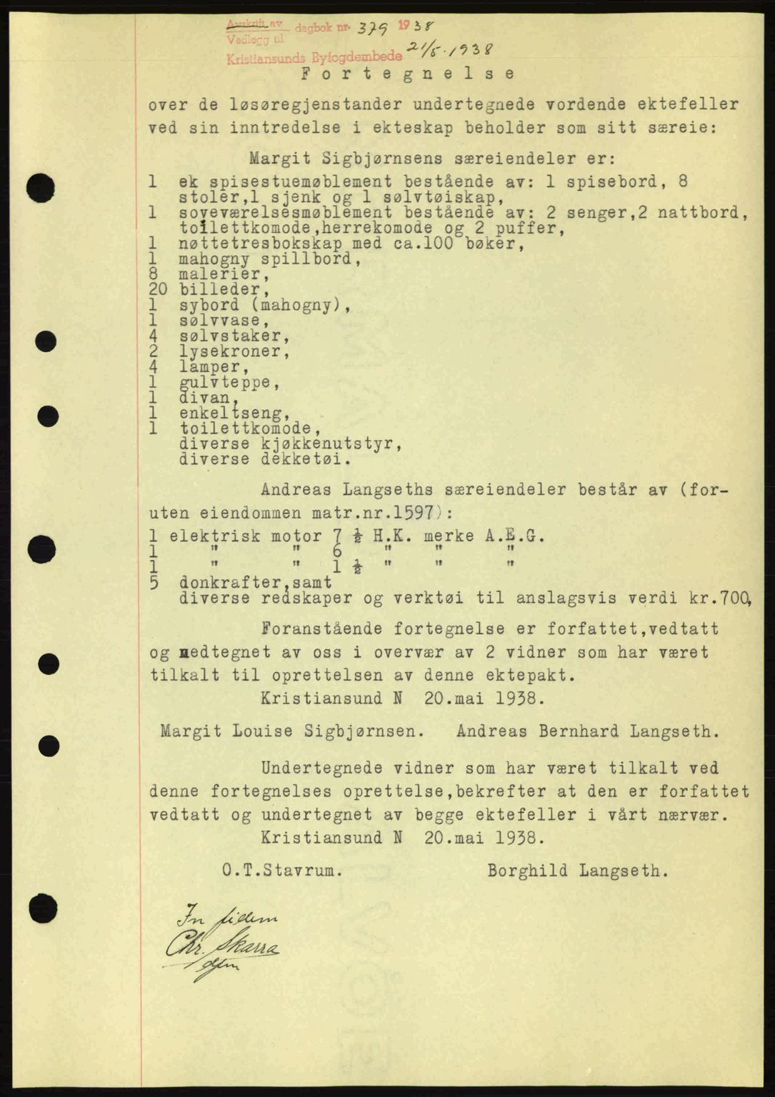 Kristiansund byfogd, AV/SAT-A-4587/A/27: Pantebok nr. 31, 1938-1939, Dagboknr: 379/1938