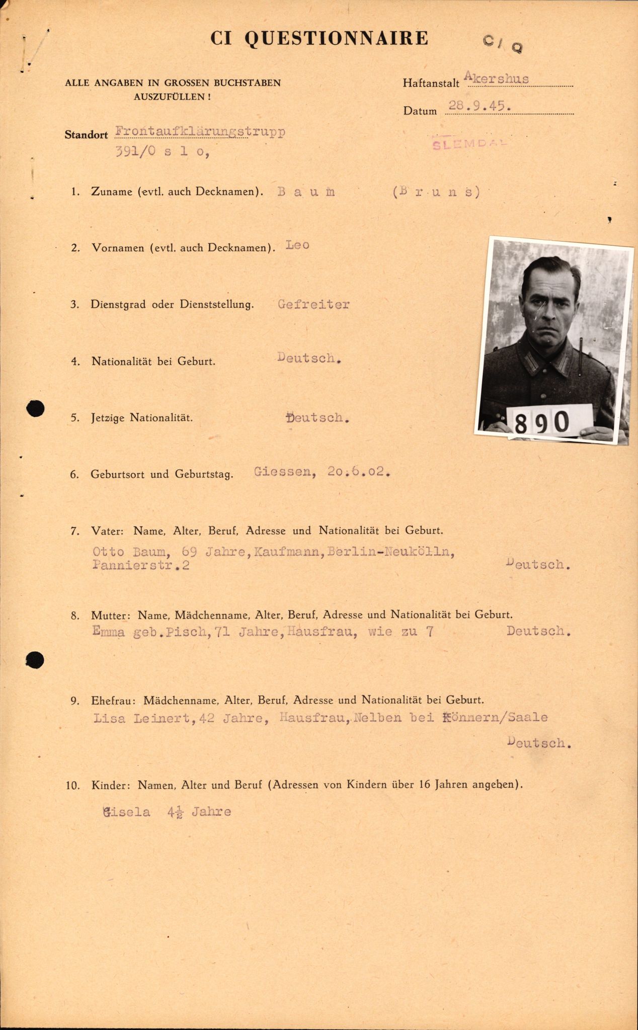 Forsvaret, Forsvarets overkommando II, AV/RA-RAFA-3915/D/Db/L0002: CI Questionaires. Tyske okkupasjonsstyrker i Norge. Tyskere., 1945-1946, s. 289