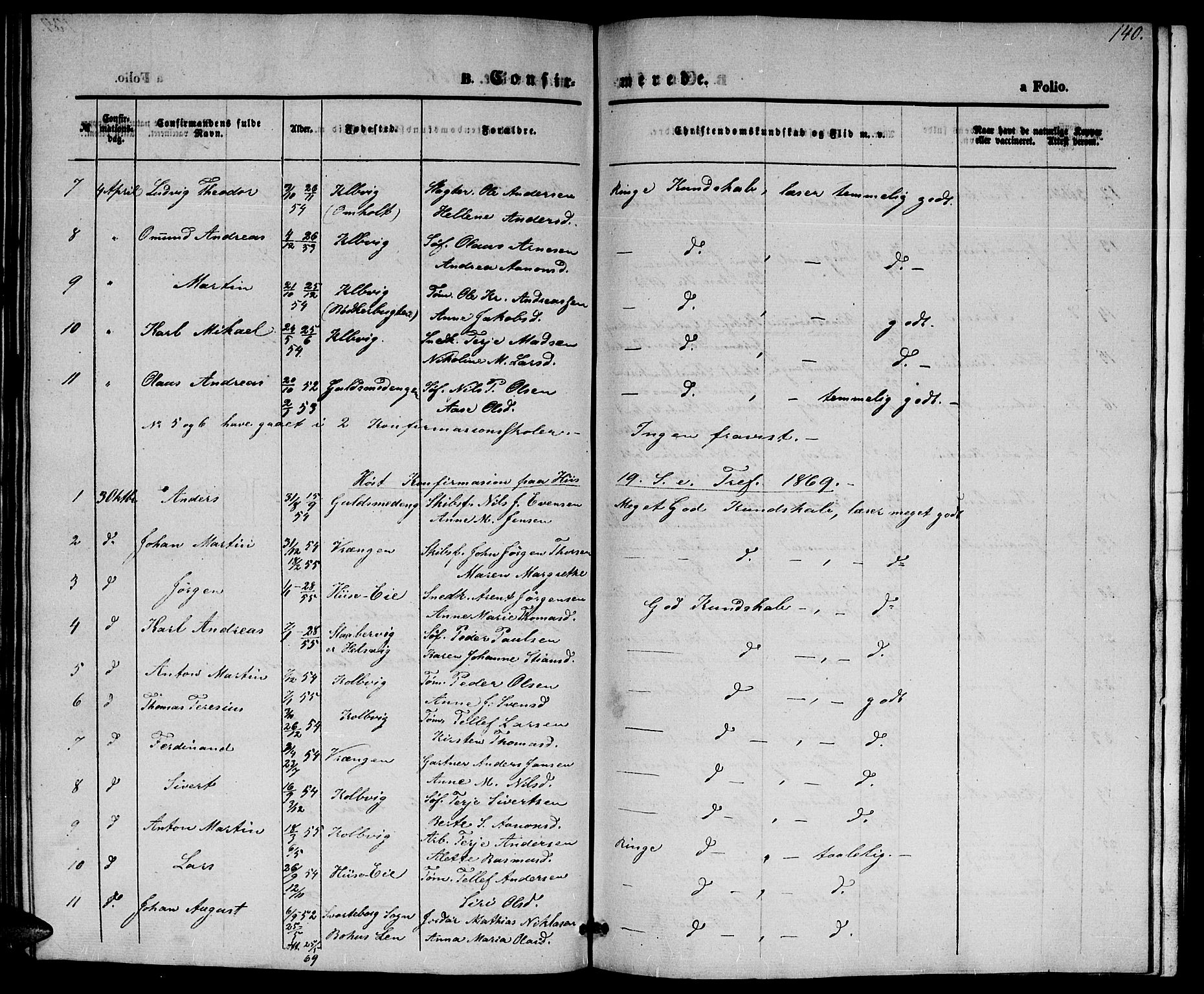 Hisøy sokneprestkontor, AV/SAK-1111-0020/F/Fb/L0001: Klokkerbok nr. B 1, 1849-1872, s. 140