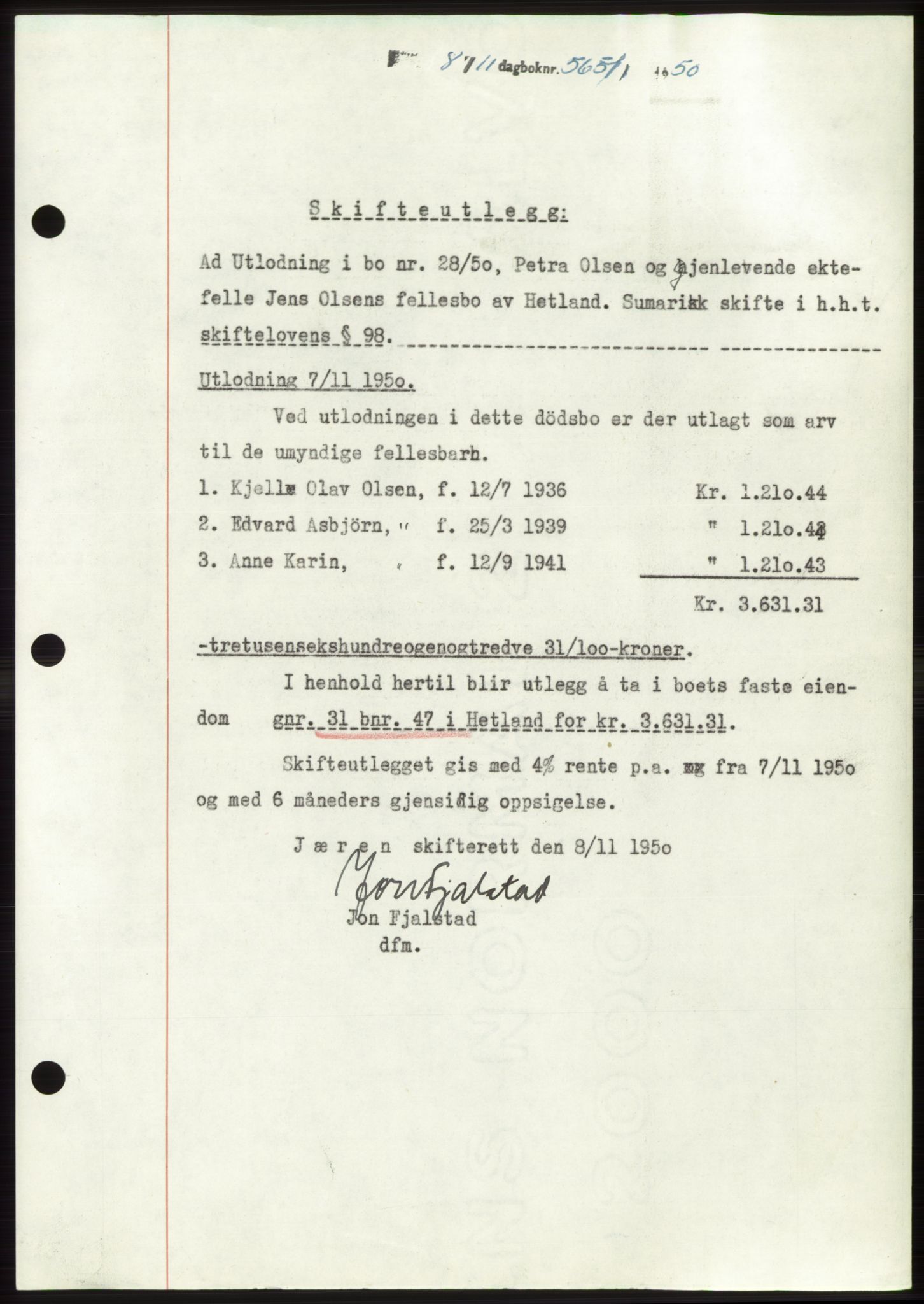 Jæren sorenskriveri, SAST/A-100310/03/G/Gba/L0110: Pantebok, 1950-1950, Dagboknr: 5651/1950