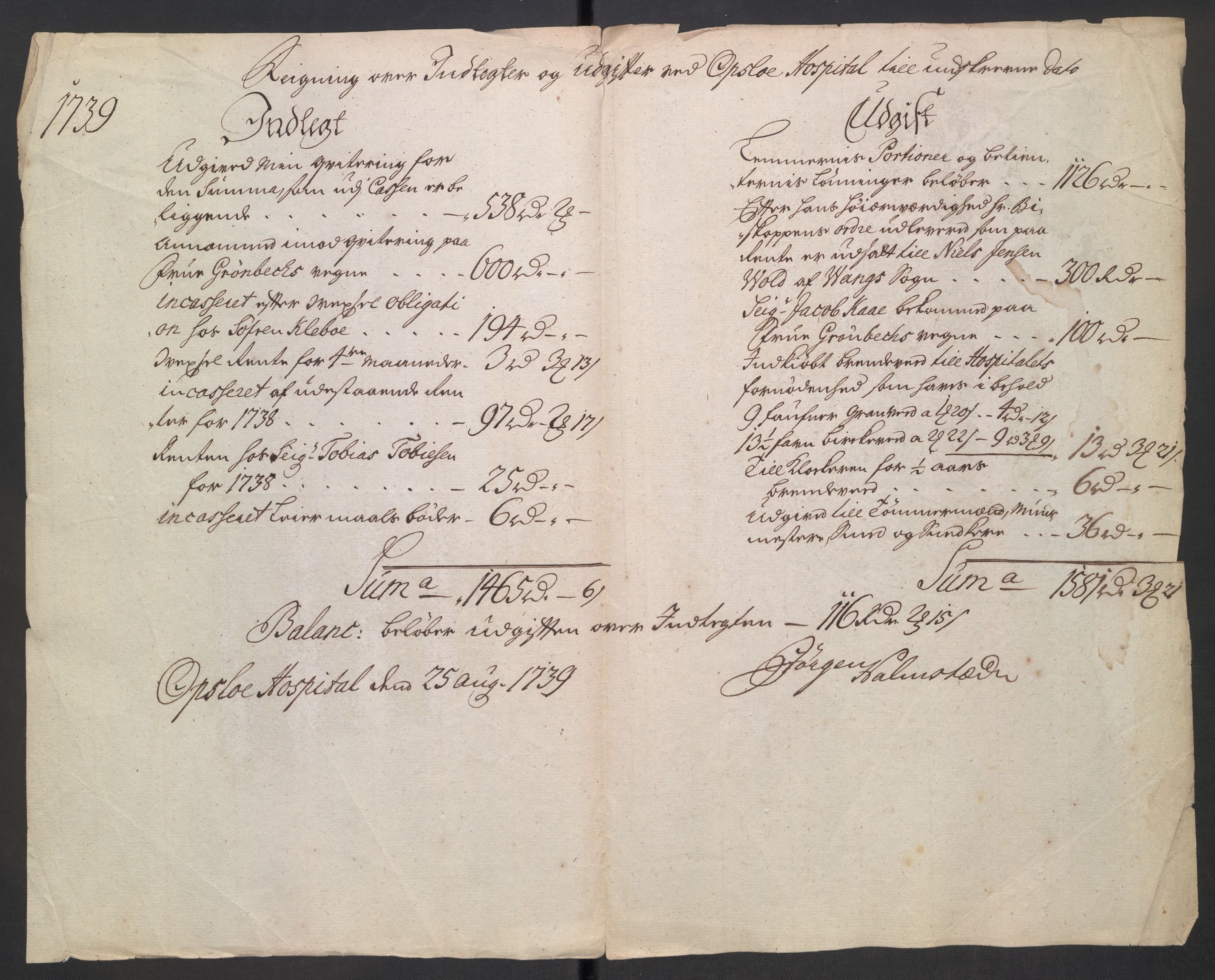 Oslo stiftsdireksjon, SAO/A-11085/K/Kb/L0004/0004: Oslo Hospital / Forstanderen: Dokumenter om regnskapet, 1738, s. 2