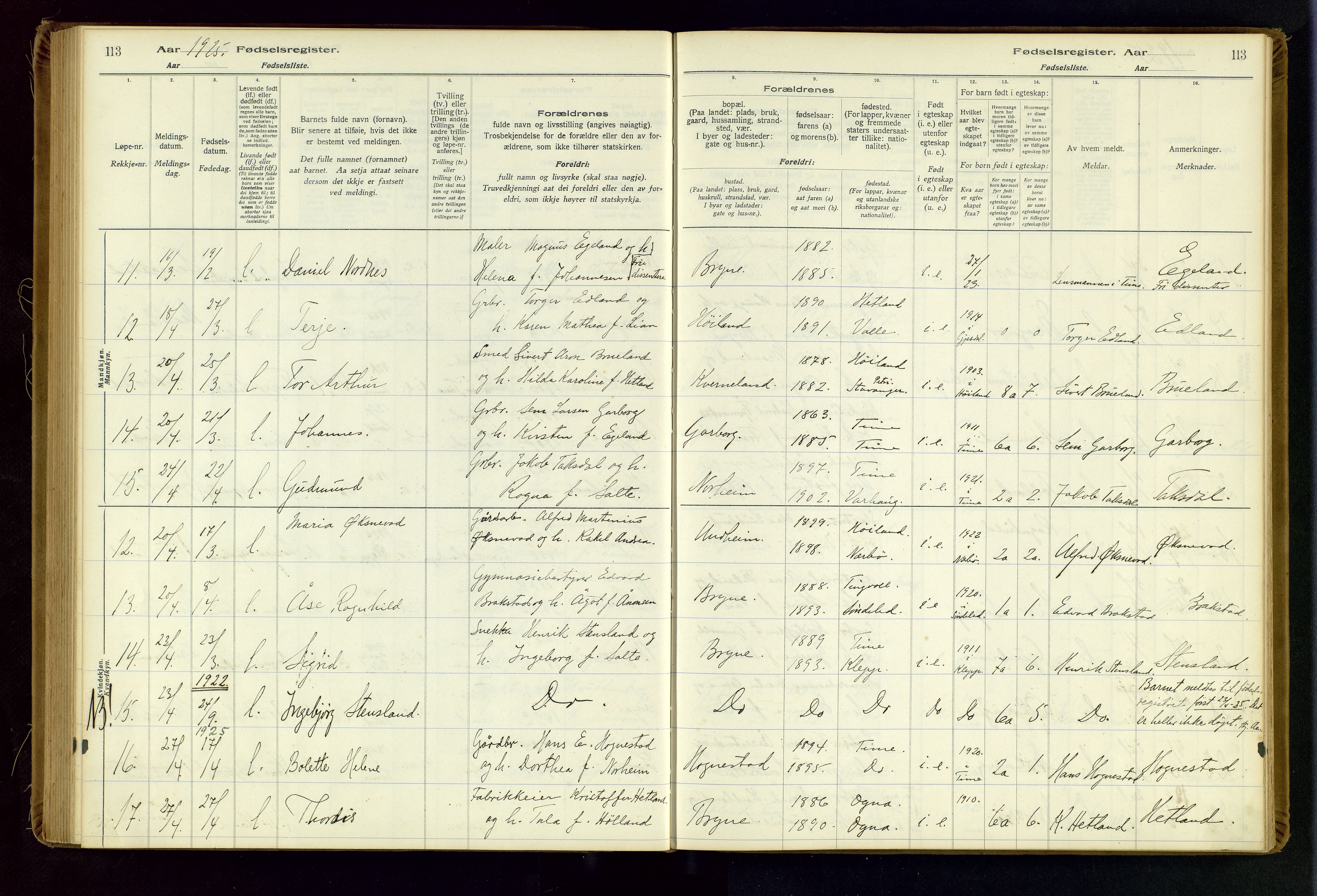 Time sokneprestkontor, AV/SAST-A-101795/001/704BA/L0001: Fødselsregister nr. 1, 1916-1934, s. 113