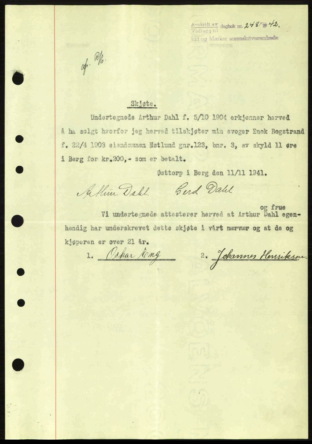 Idd og Marker sorenskriveri, AV/SAO-A-10283/G/Gb/Gbb/L0005: Pantebok nr. A5, 1941-1943, Dagboknr: 248/1942