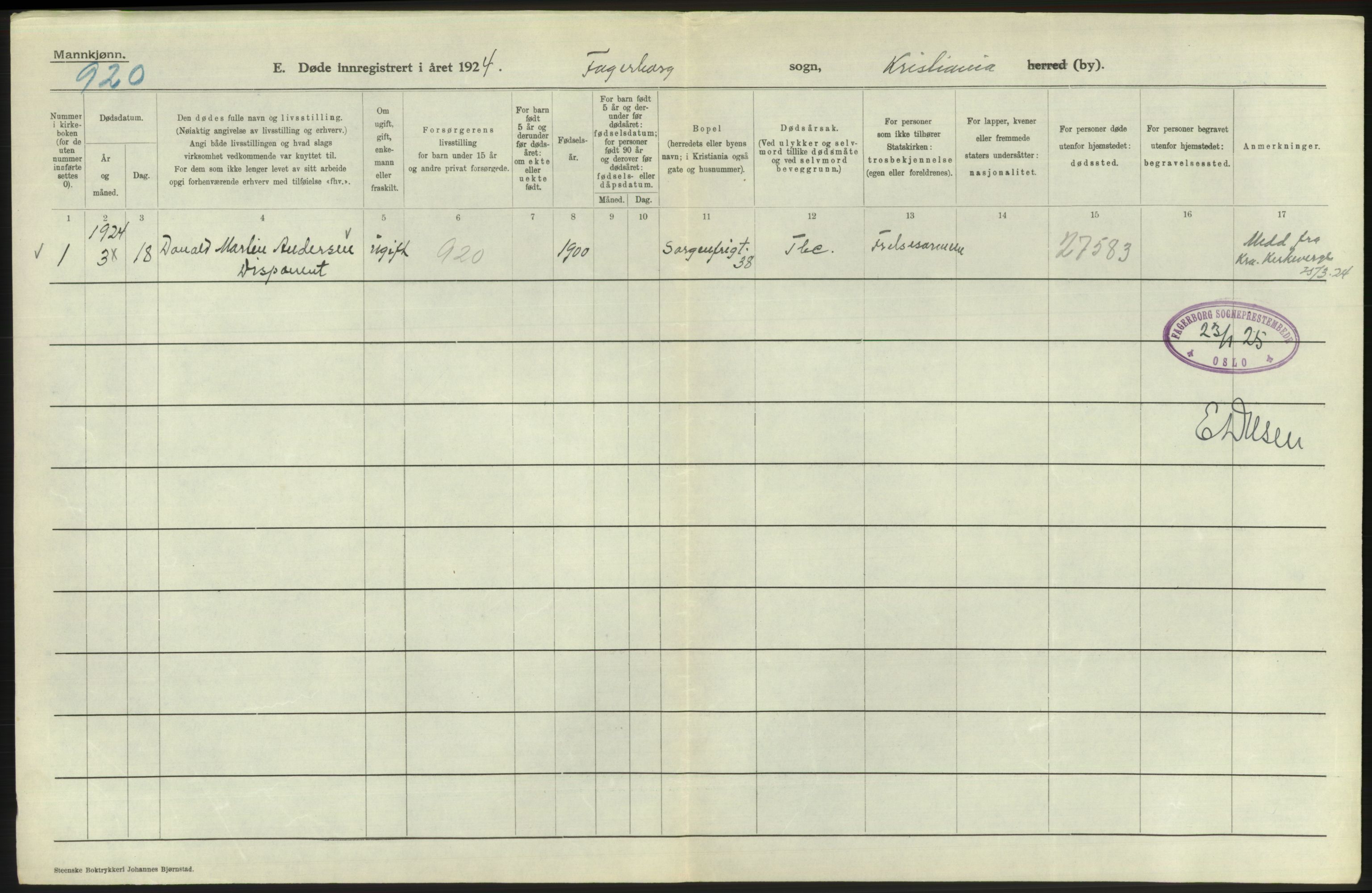 Statistisk sentralbyrå, Sosiodemografiske emner, Befolkning, AV/RA-S-2228/D/Df/Dfc/Dfcd/L0008: Kristiania: Døde menn, 1924, s. 180