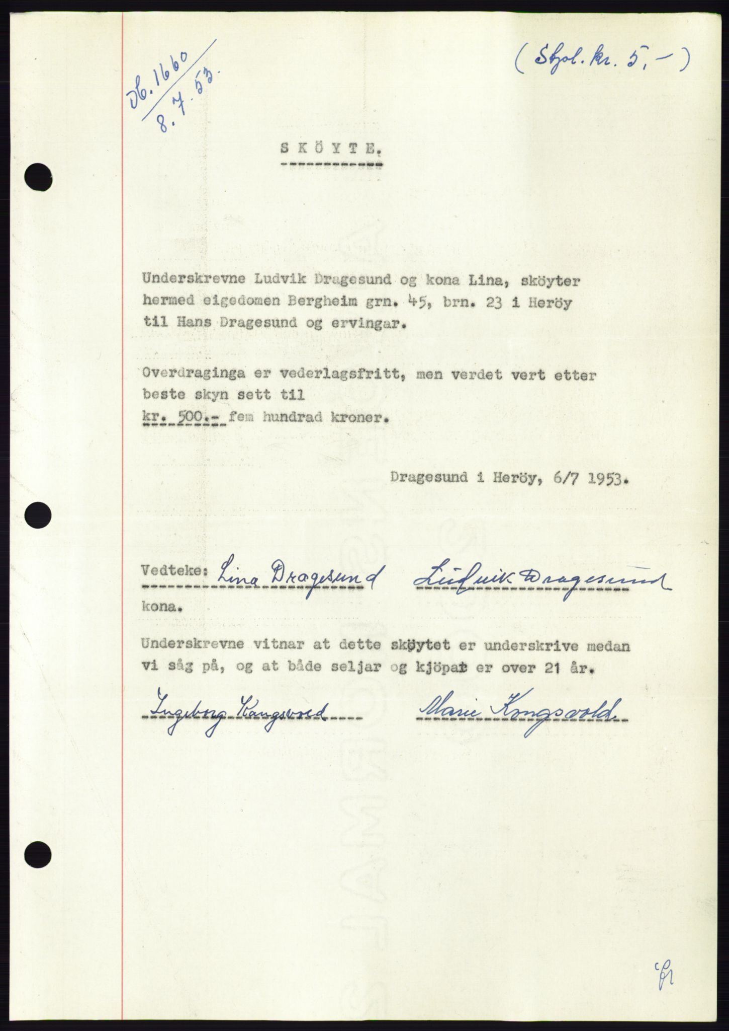 Søre Sunnmøre sorenskriveri, AV/SAT-A-4122/1/2/2C/L0095: Pantebok nr. 21A, 1953-1953, Dagboknr: 1660/1953