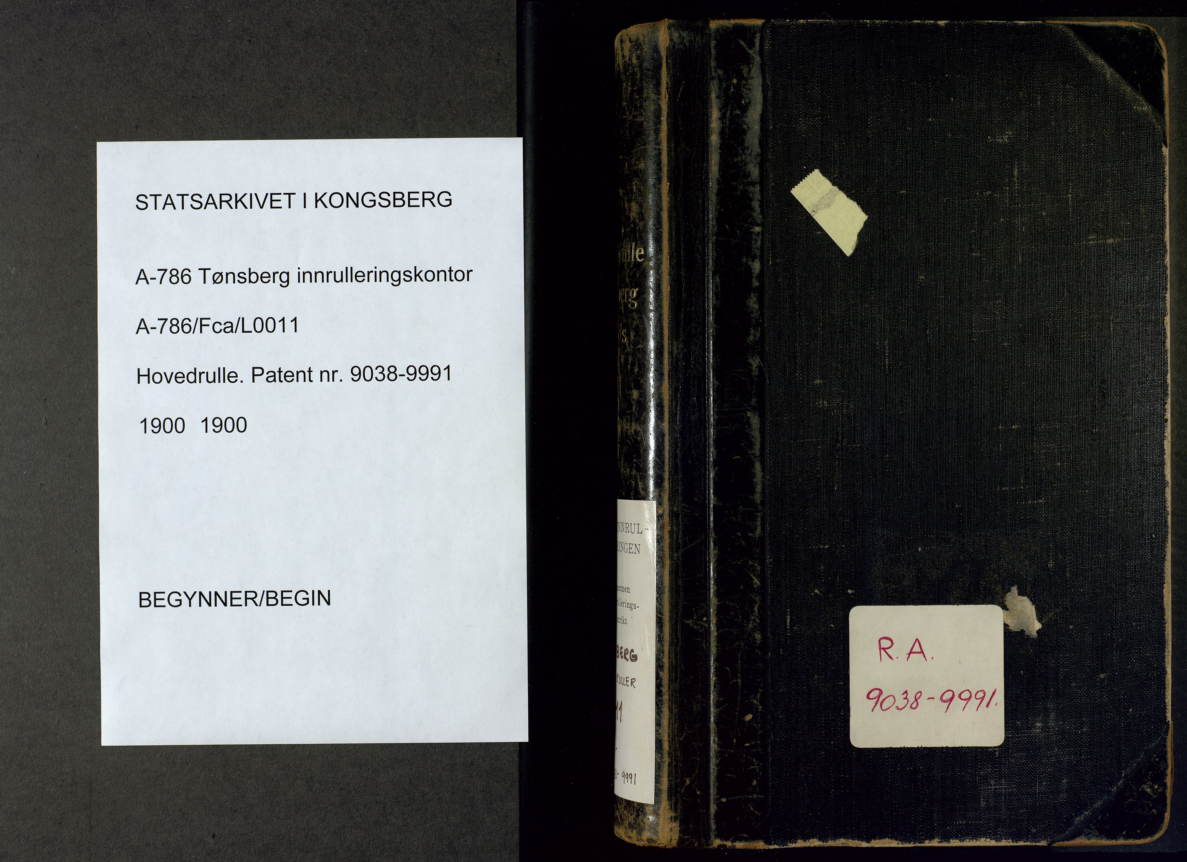 Tønsberg innrulleringskontor, SAKO/A-786/F/Fc/Fca/L0011: Hovedrulle Patent nr. 9038-9992, 1900-1912