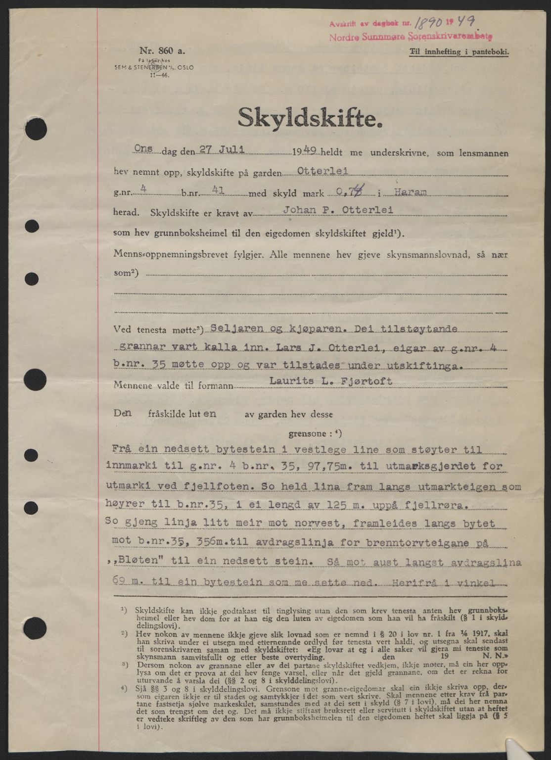 Nordre Sunnmøre sorenskriveri, SAT/A-0006/1/2/2C/2Ca: Pantebok nr. A32, 1949-1949, Dagboknr: 1890/1949