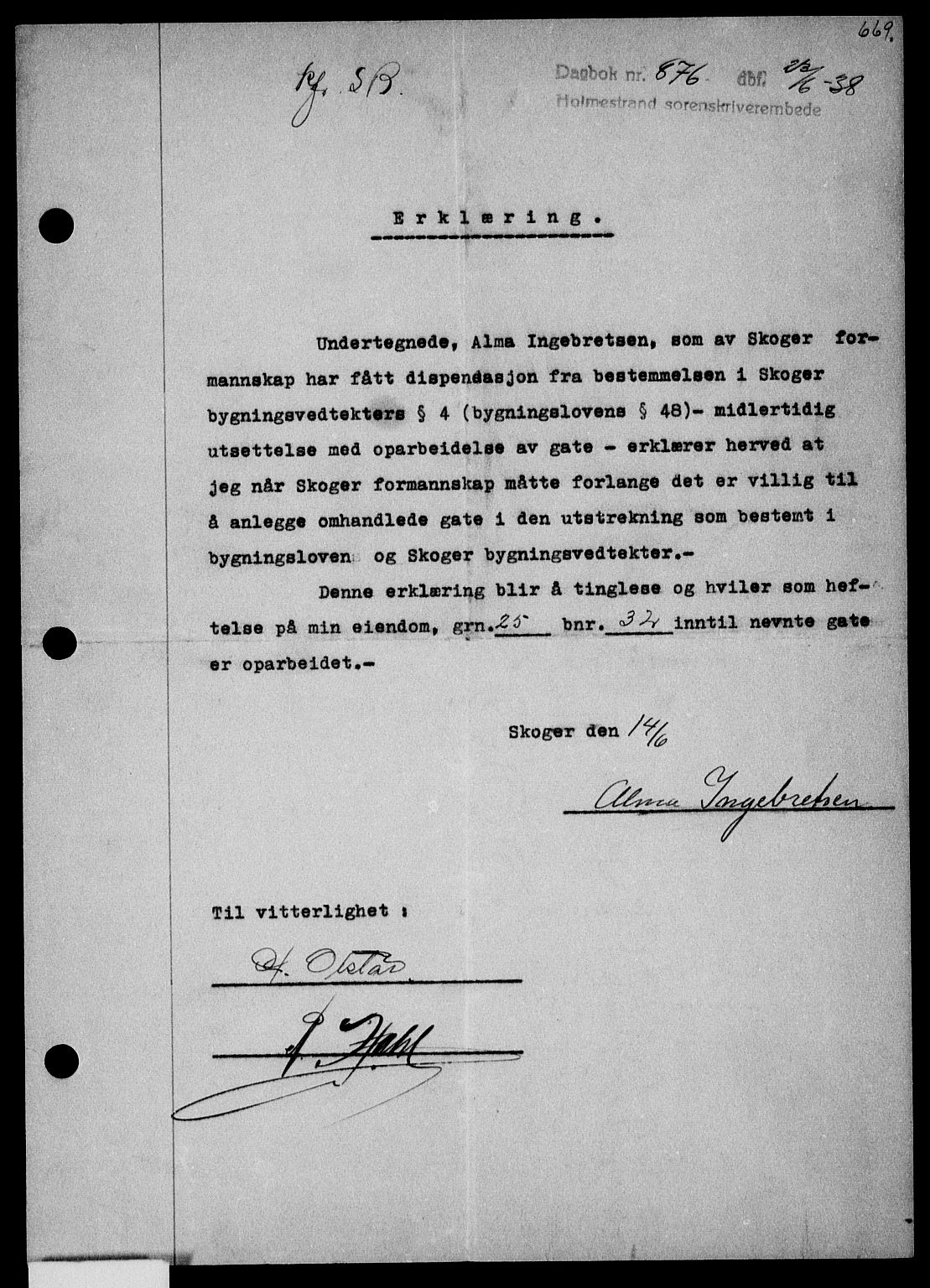 Holmestrand sorenskriveri, SAKO/A-67/G/Ga/Gaa/L0049: Pantebok nr. A-49, 1937-1938, Dagboknr: 876/1938