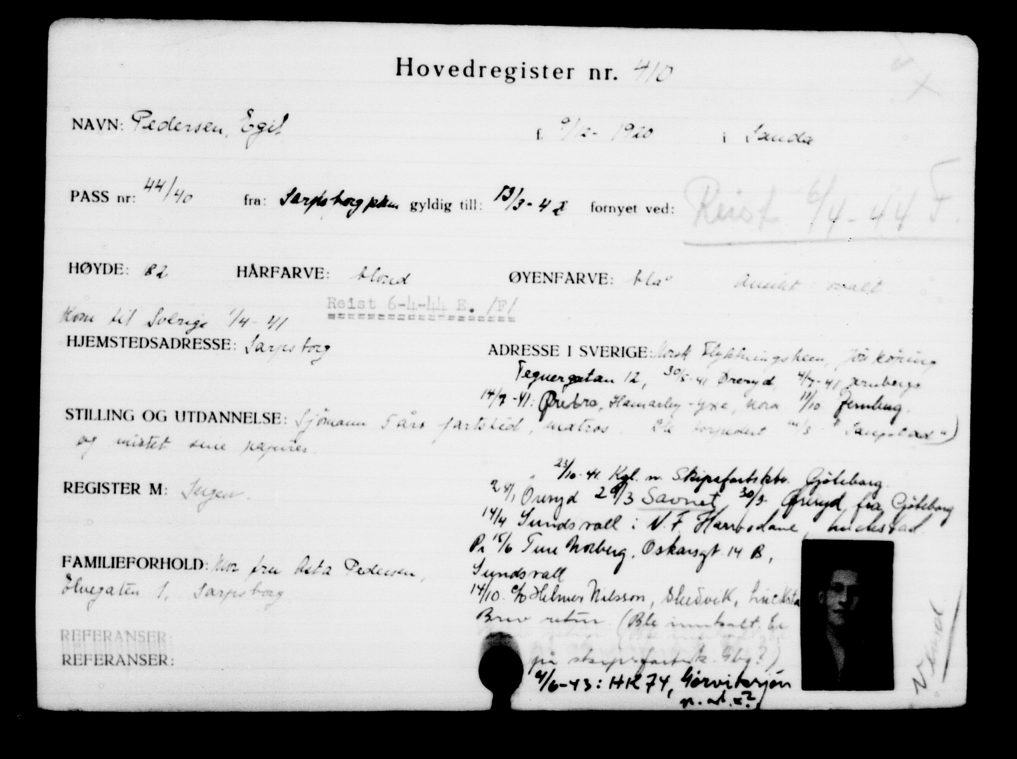 Utenriksstasjonene, Legasjonen i Stockholm, Flyktningkontoret, AV/RA-S-6753/V/Va/L0001: Kjesäterkartoteket, flyktninger med registreringsnr. 1-1000, 1940-1945, s. 643