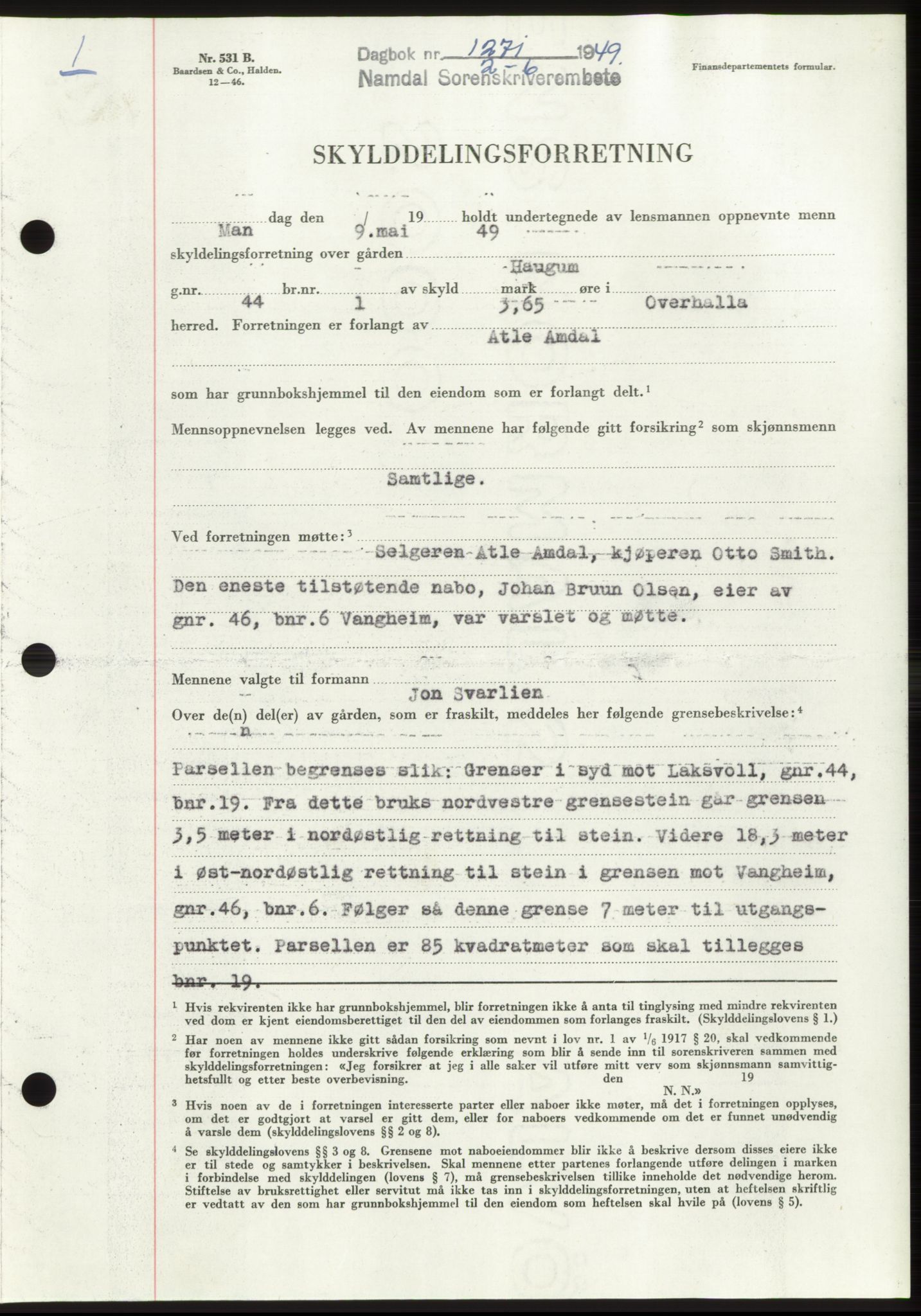 Namdal sorenskriveri, SAT/A-4133/1/2/2C: Pantebok nr. -, 1949-1949, Dagboknr: 1271/1949