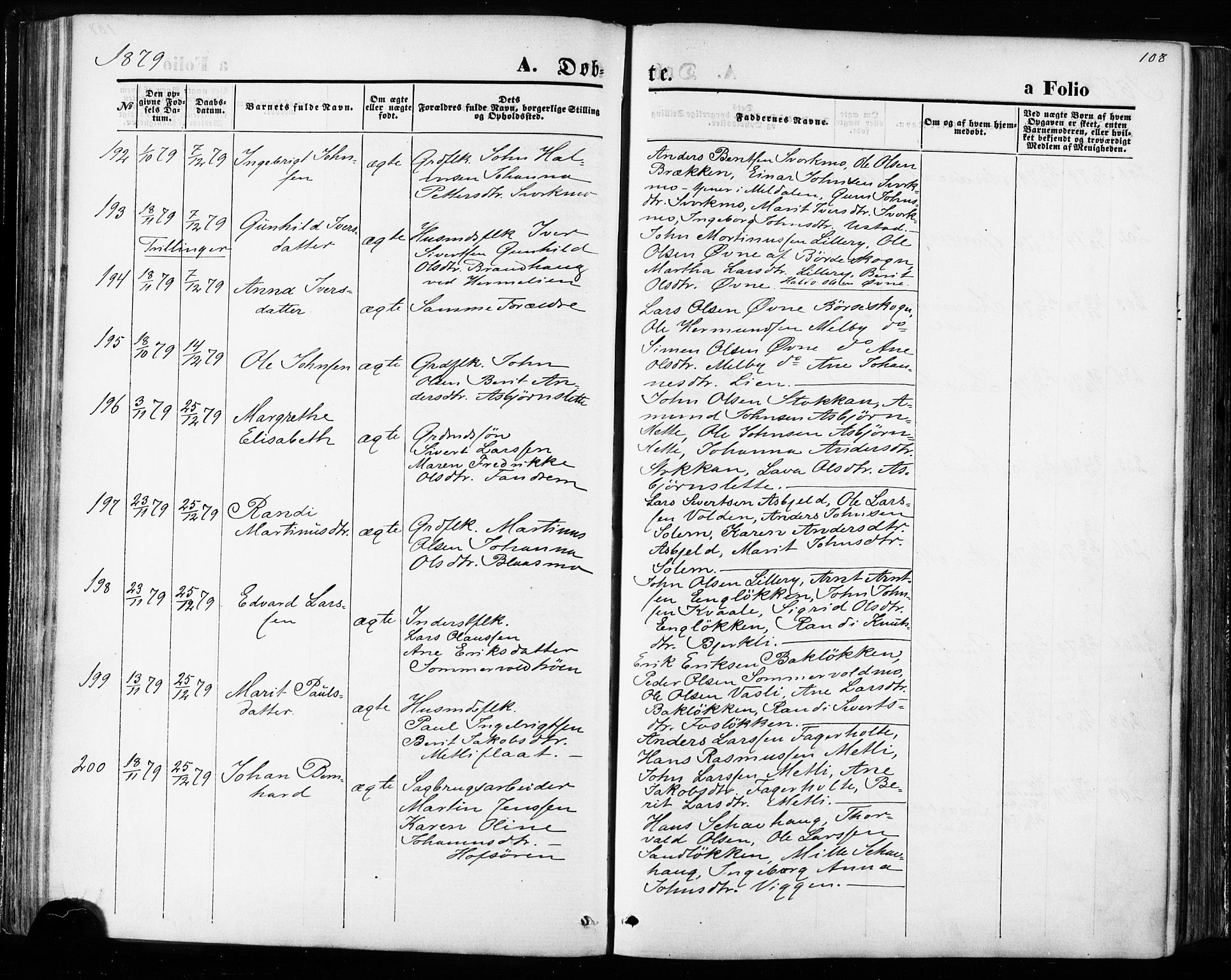 Ministerialprotokoller, klokkerbøker og fødselsregistre - Sør-Trøndelag, AV/SAT-A-1456/668/L0807: Ministerialbok nr. 668A07, 1870-1880, s. 108