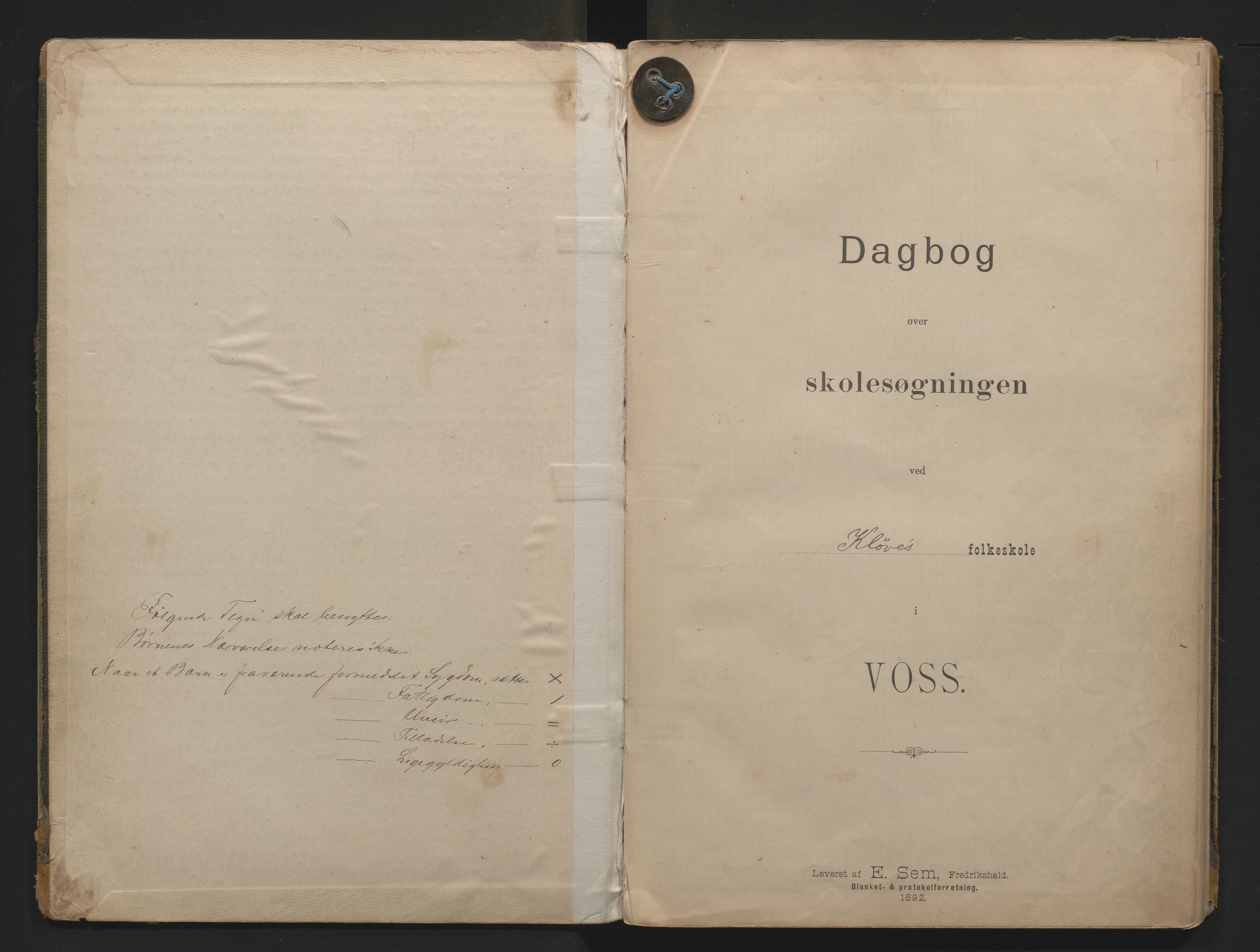 Voss kommune. Barneskulane, IKAH/1235-231/G/Gf/L0001: Dagbok for Kløve skule m/inventarliste, 1893-1909