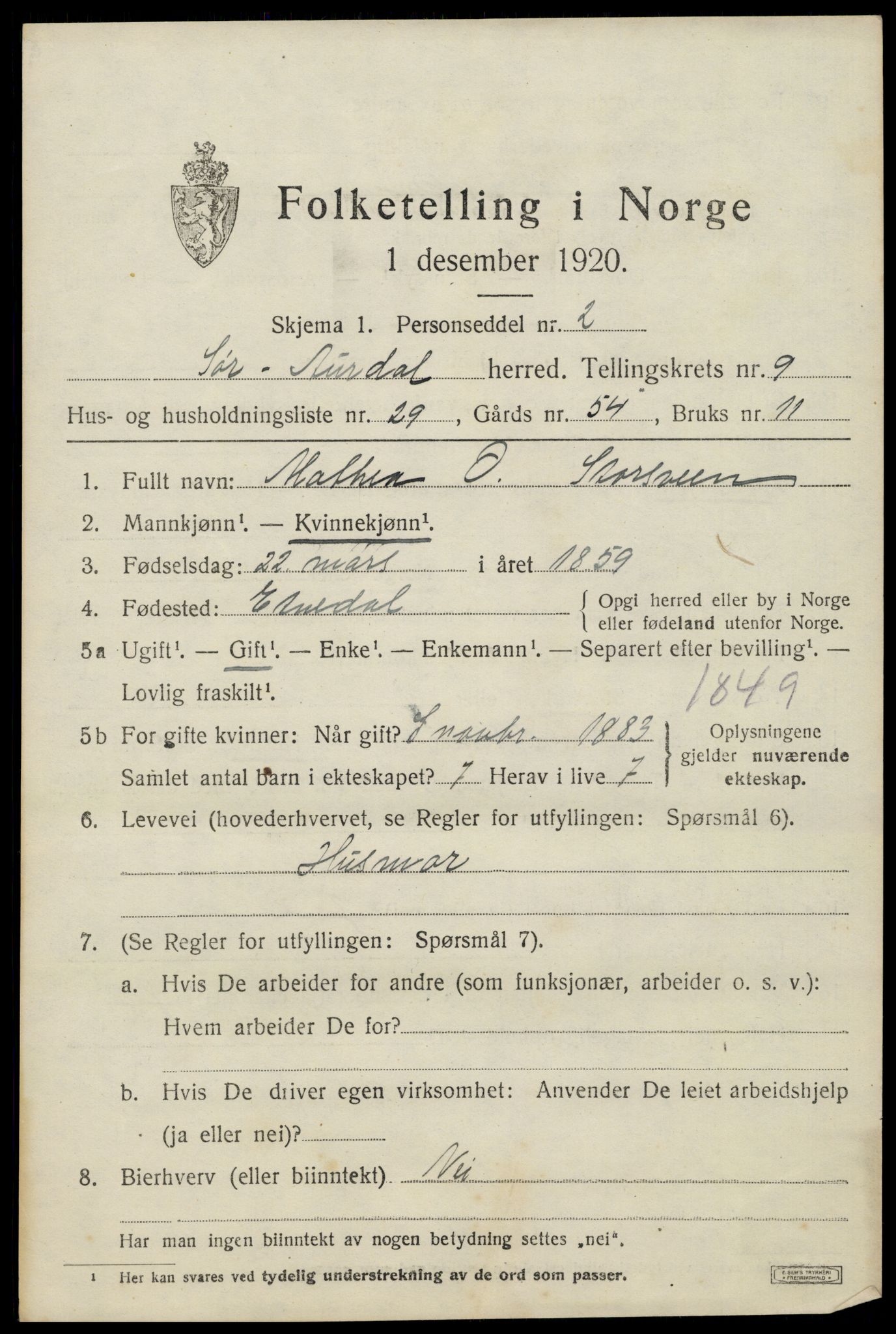 SAH, Folketelling 1920 for 0540 Sør-Aurdal herred, 1920, s. 5469