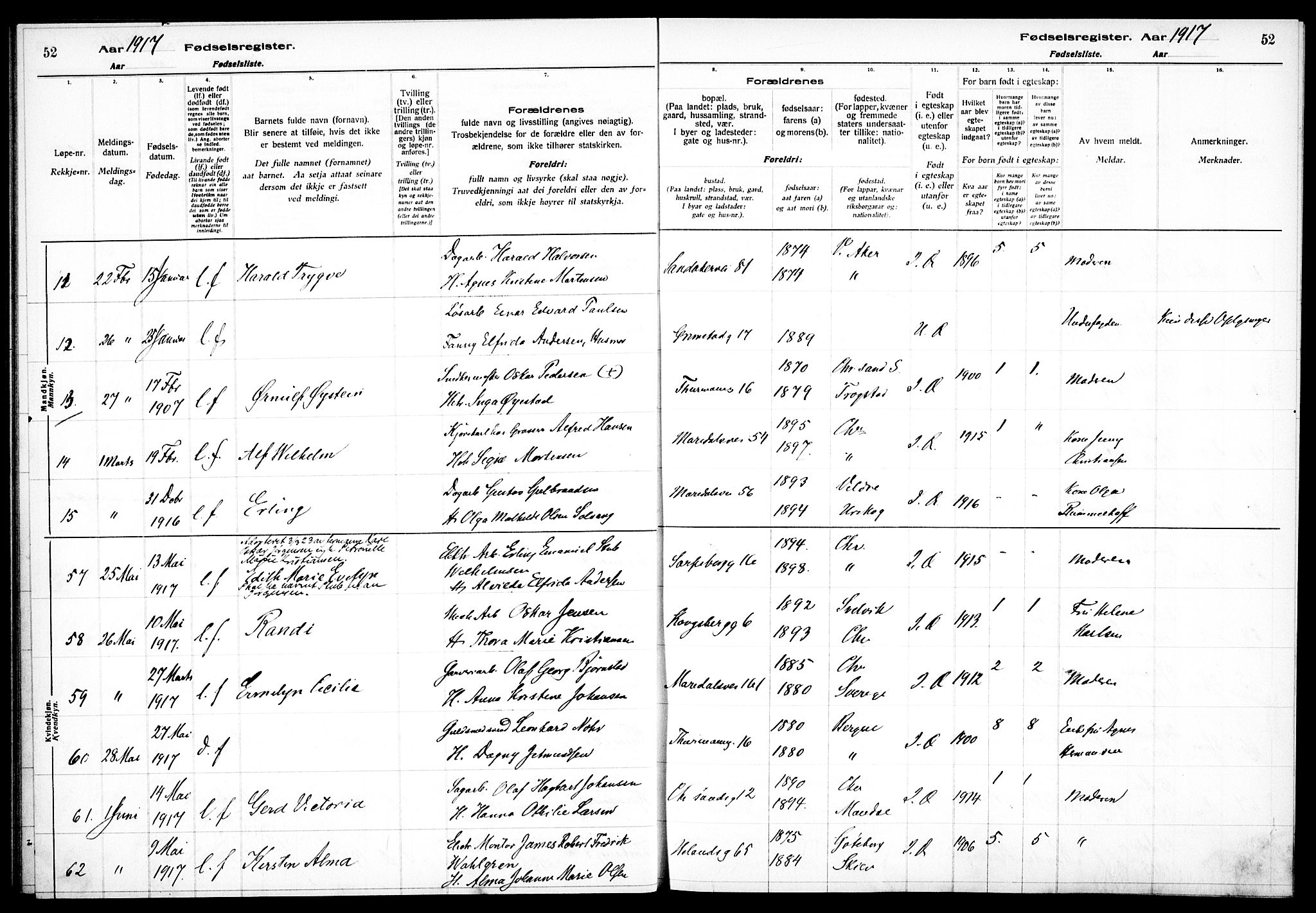 Sagene prestekontor Kirkebøker, SAO/A-10796/J/L0001: Fødselsregister nr. 1, 1916-1920, s. 52