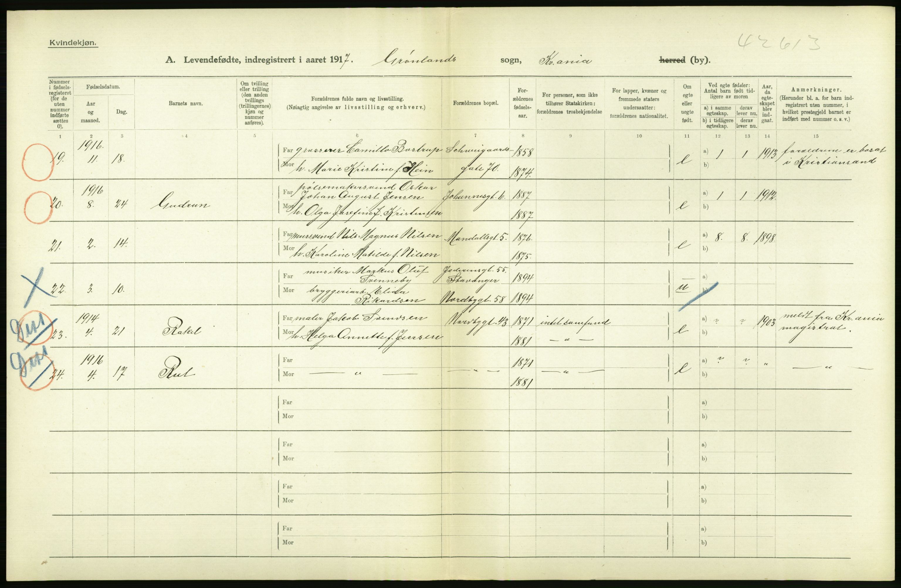 Statistisk sentralbyrå, Sosiodemografiske emner, Befolkning, AV/RA-S-2228/D/Df/Dfb/Dfbg/L0006: Kristiania: Levendefødte menn og kvinner., 1917, s. 34