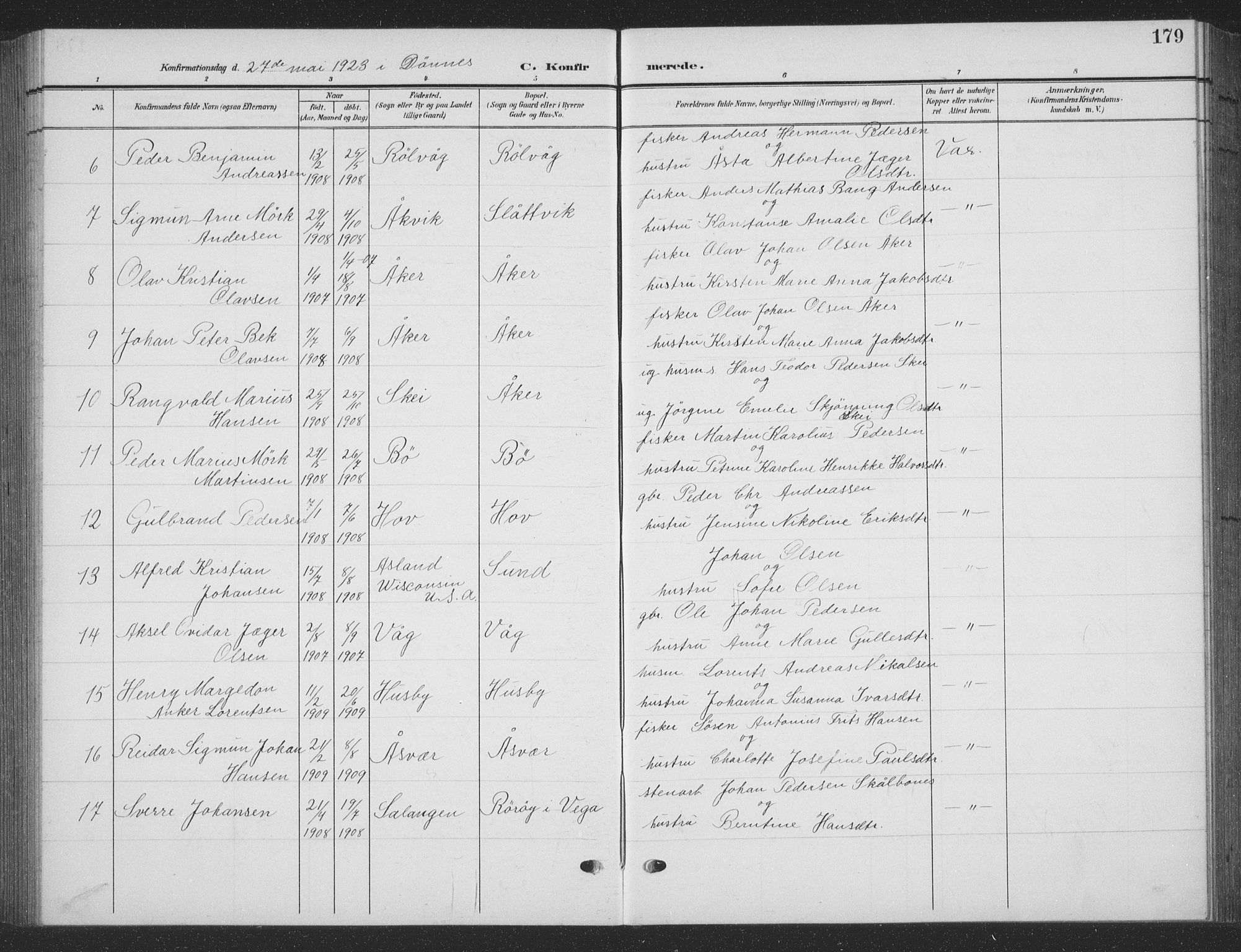 Ministerialprotokoller, klokkerbøker og fødselsregistre - Nordland, AV/SAT-A-1459/835/L0533: Klokkerbok nr. 835C05, 1906-1939, s. 179