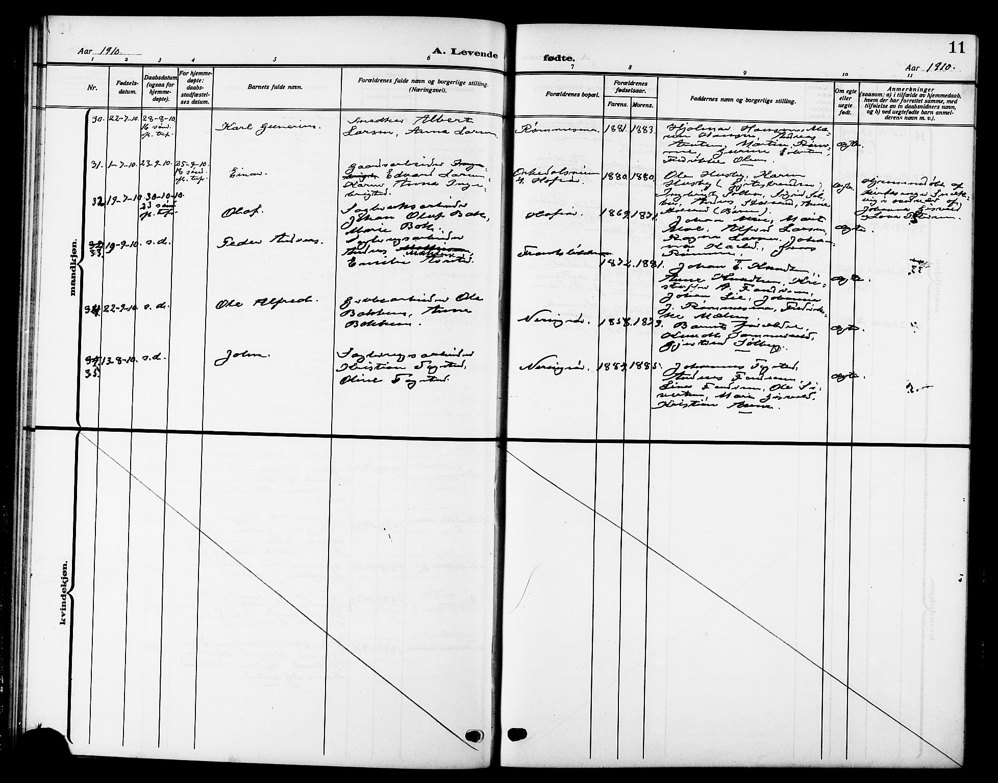 Ministerialprotokoller, klokkerbøker og fødselsregistre - Sør-Trøndelag, SAT/A-1456/669/L0831: Klokkerbok nr. 669C01, 1909-1924, s. 11